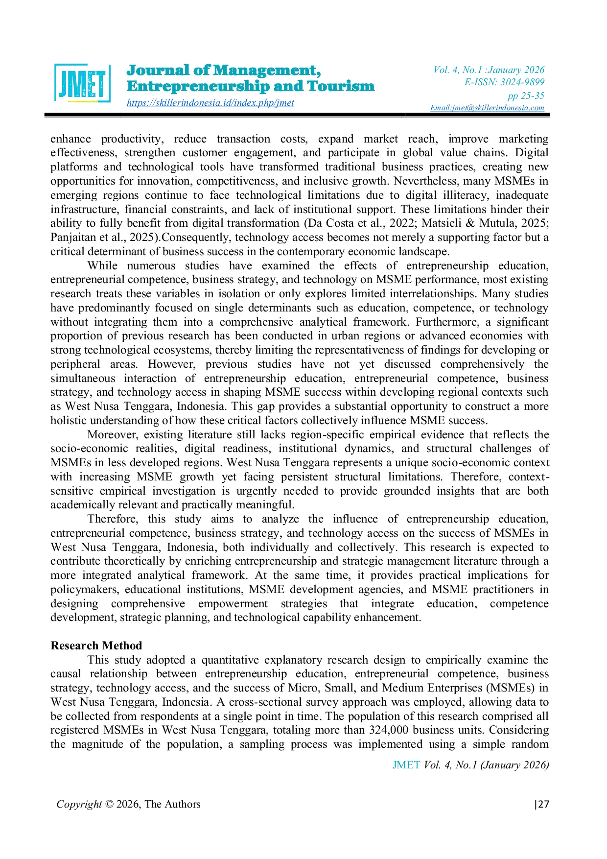JURIS Entrepreneurship Education Entrepreneurial Competence Business Strategy and Technology Access as Determinants of MSME Success in West Nusa Tenggara Indonesia