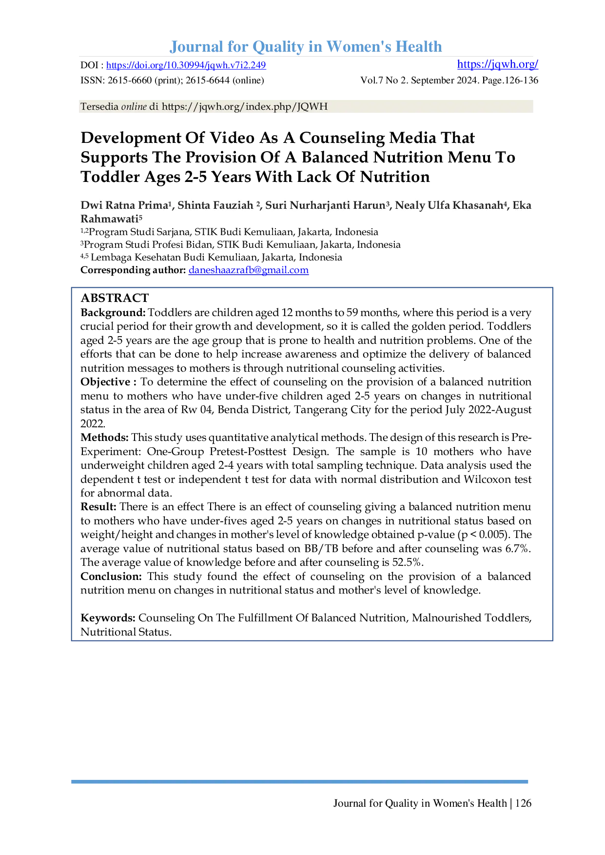 JURIS Development Of Video As A Counseling Media That Supports The Provision Of A Balanced Nutrition Menu To Toddler Ages 2 5 Years With Lack Of Nutrition