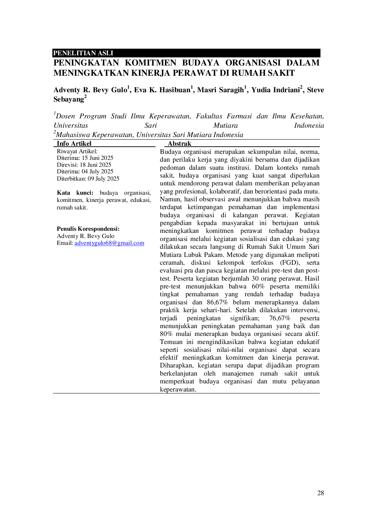 JURIS Peningkatan Komitmen Budaya Organisasi Dalam Meningkatkan Kinerja Perawat Di Rumah Sakit