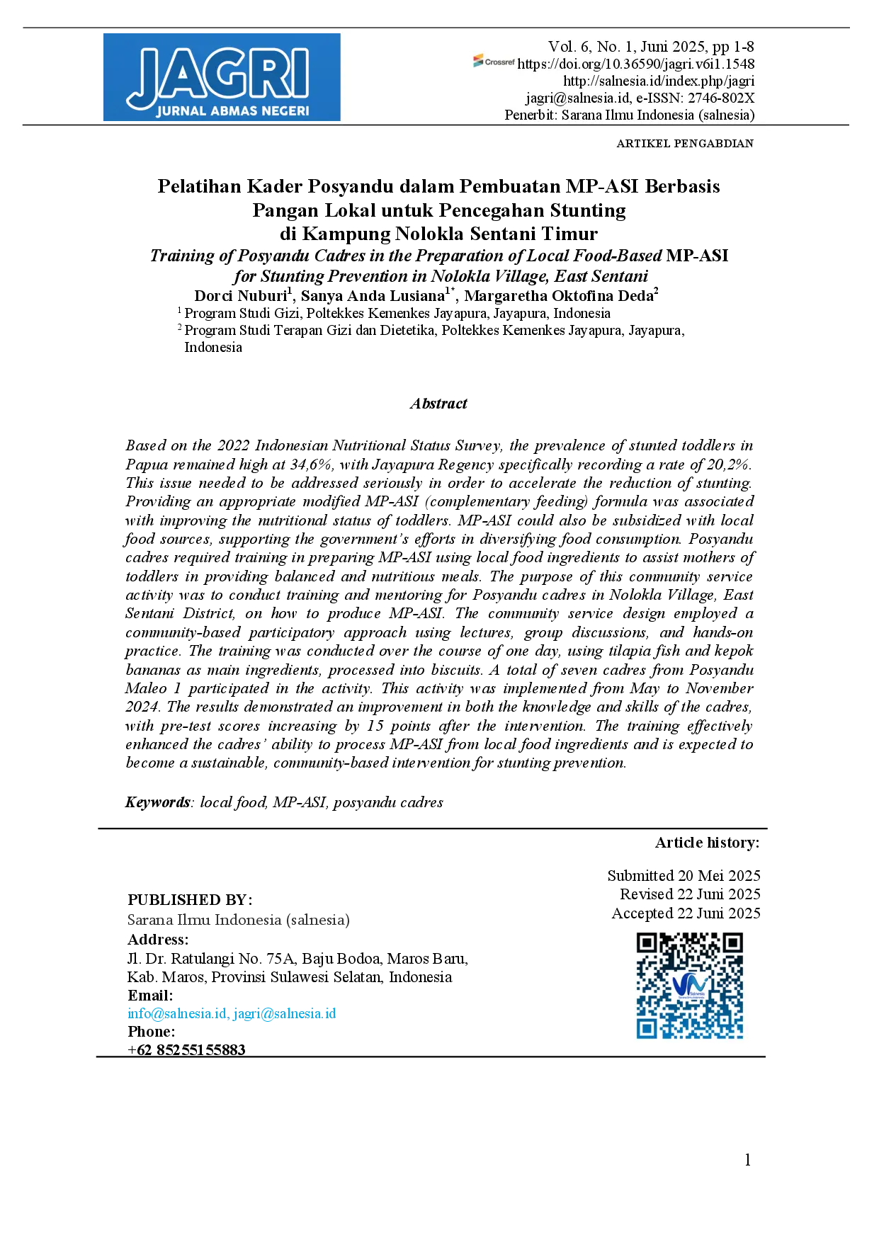 juris Training of Posyandu Cadres in the Preparation of Local Food Based MP ASI for Stunting Prevention in Nolokla Village East Sentani