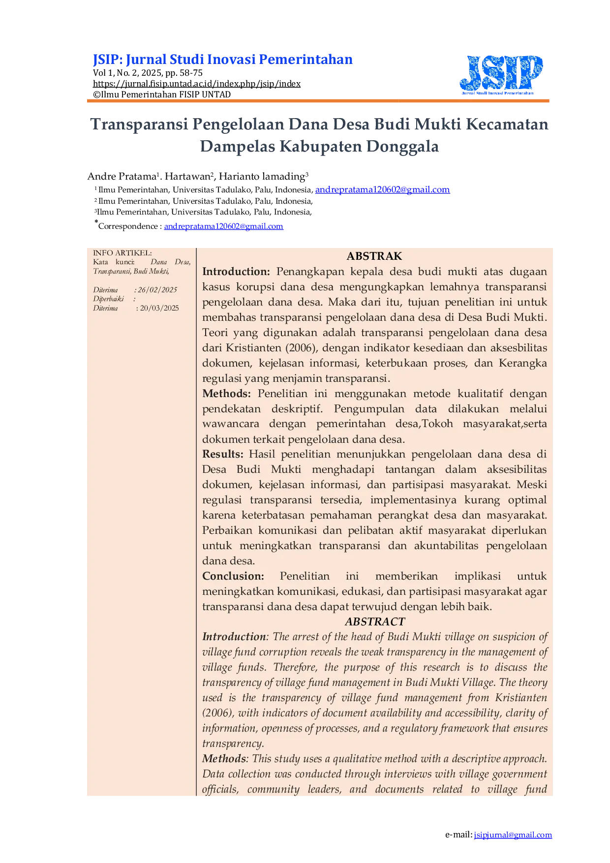 JURIS Transparansi Pengelolaan Dana Desa Budi Mukti Kecamatan Dampelas Kabupaten Donggala