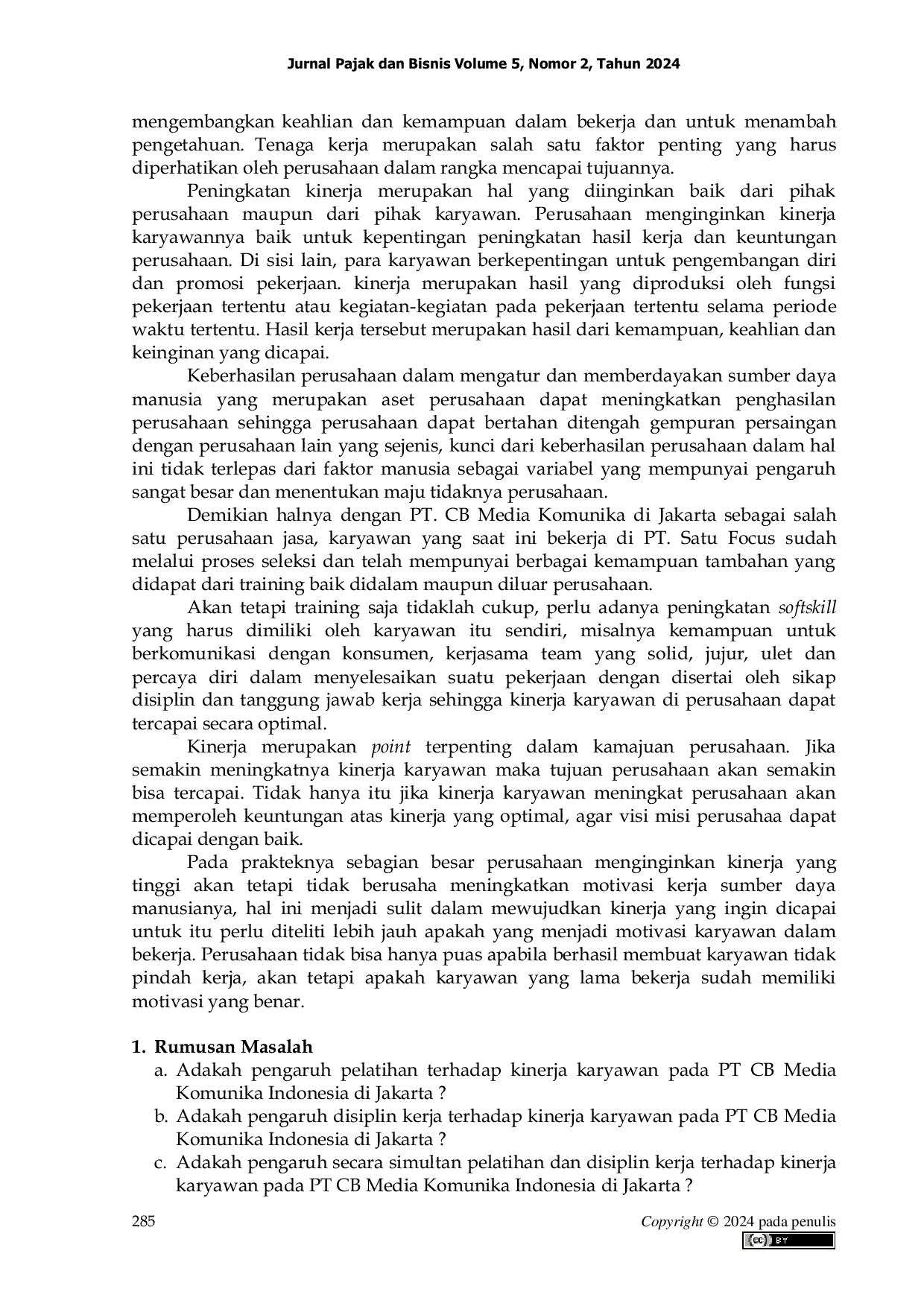 JURIS Pengaruh Pelatihan Dan Disiplin Kerja Terhadap Kinerja Karyawan Pada PT CB Media Komunika Indonesia Di Jakarta