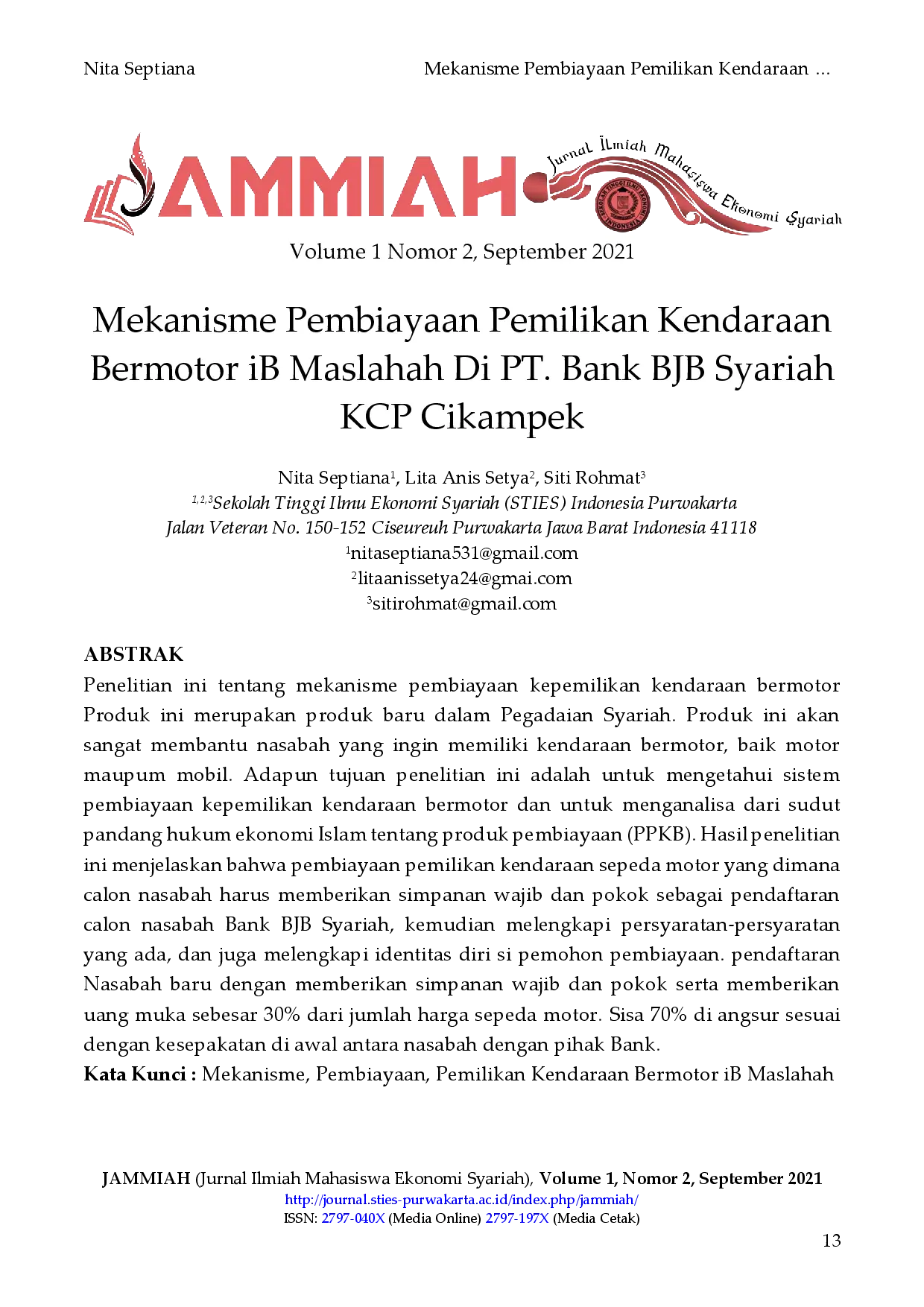 juris Mekanisme Pembiayaan Pemilikan Kendaraan Bermotor iB Maslahah Di PT Bank BJB Syariah KCP Cikampek