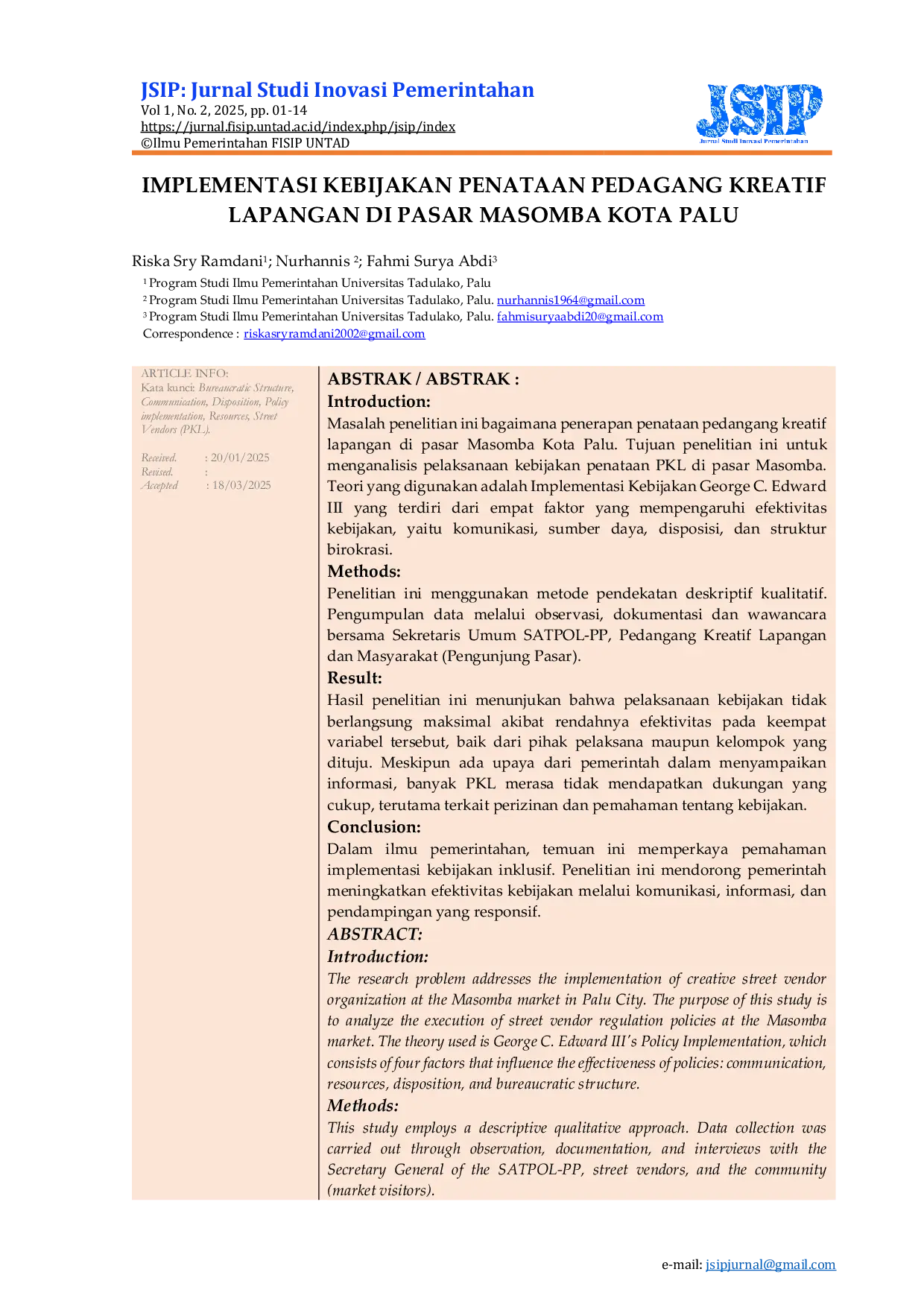 JURIS Implementasi Kebijakan Penataan Pedagang Kreatif Lapangan di Pasar Masomba Kota Palu