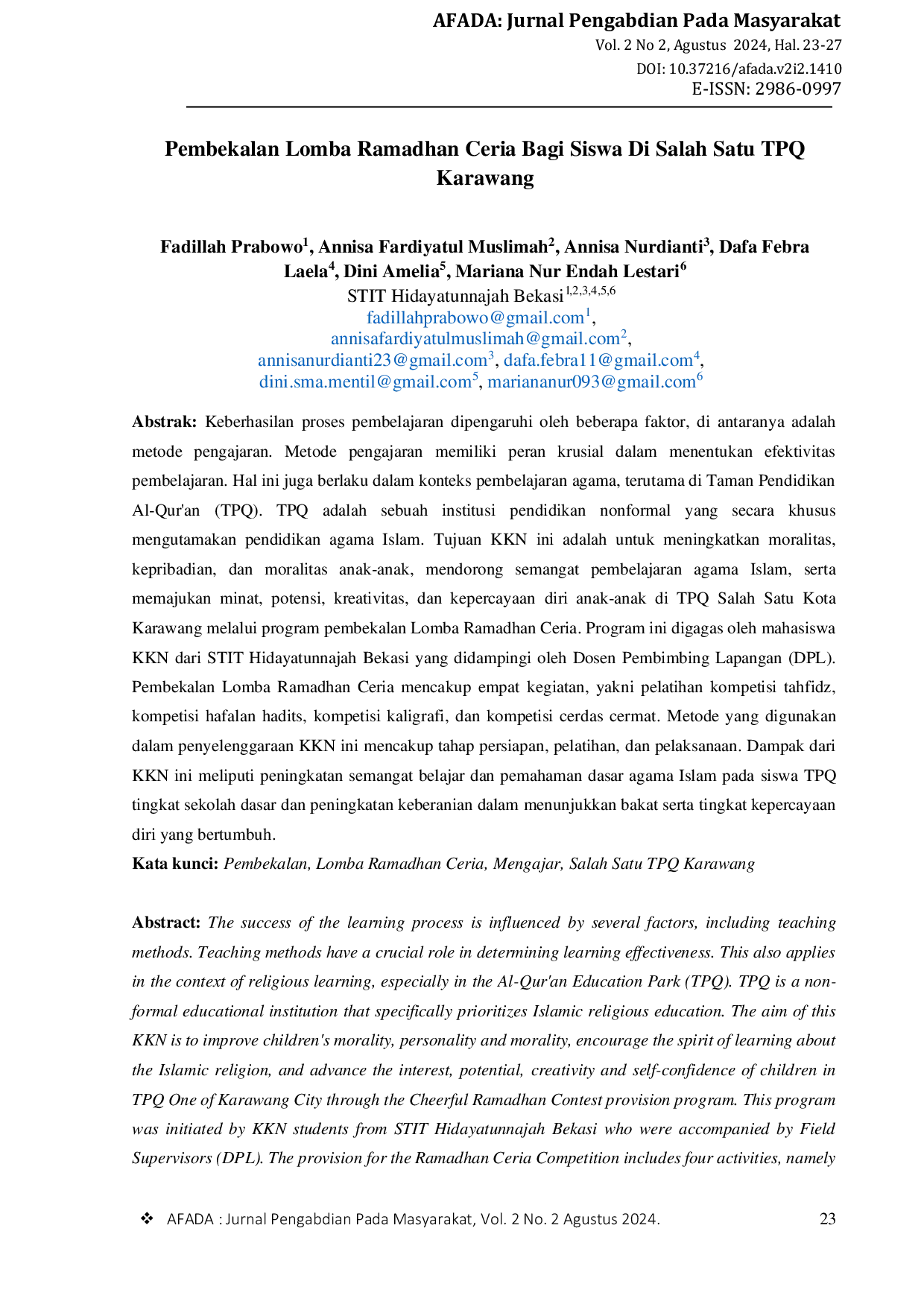 JURIS Pembekalan Lomba Ramadhan Ceria Bagi Siswa Di Salah Satu TPQ Karawang