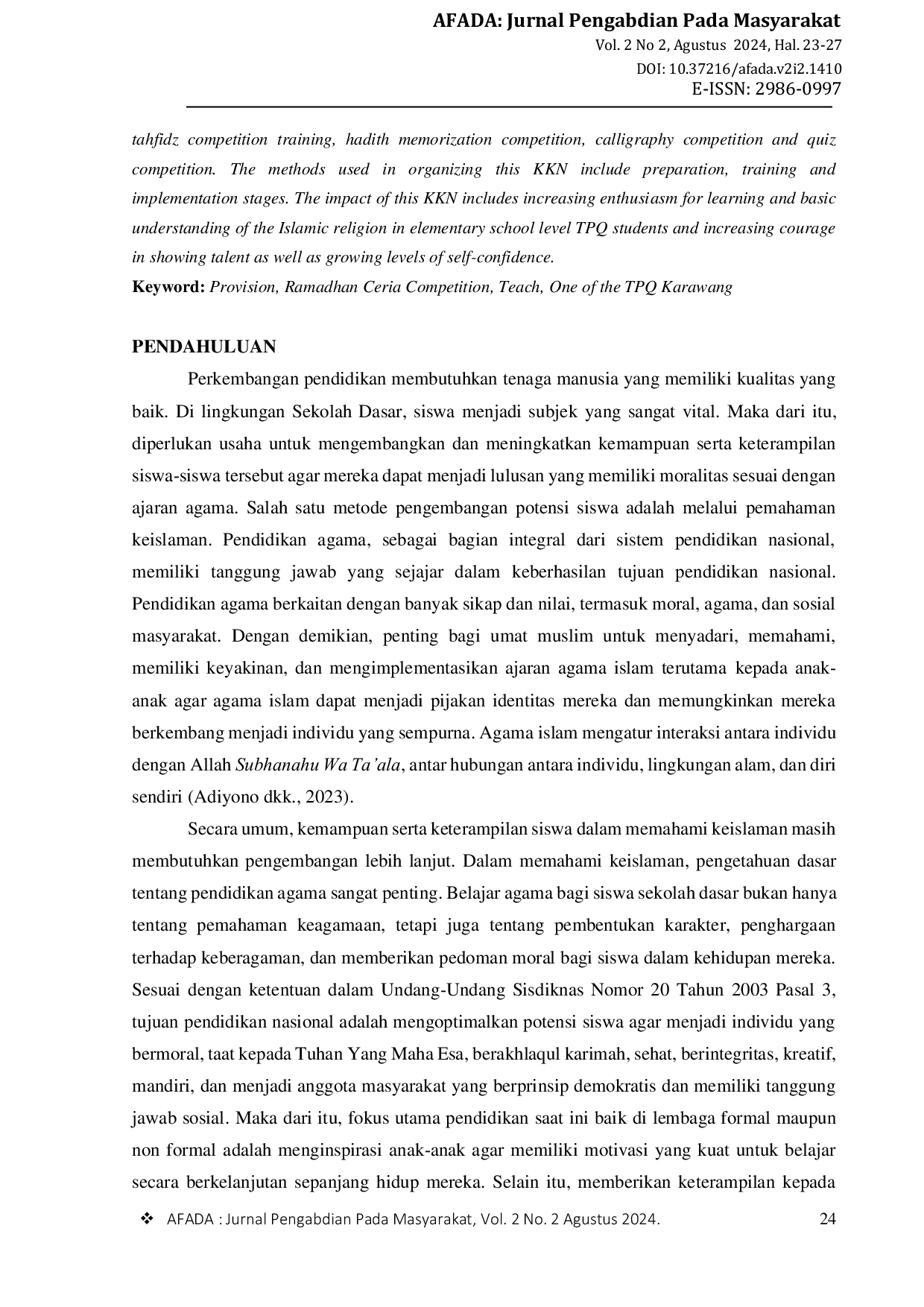 JURIS Pembekalan Lomba Ramadhan Ceria Bagi Siswa Di Salah Satu TPQ Karawang