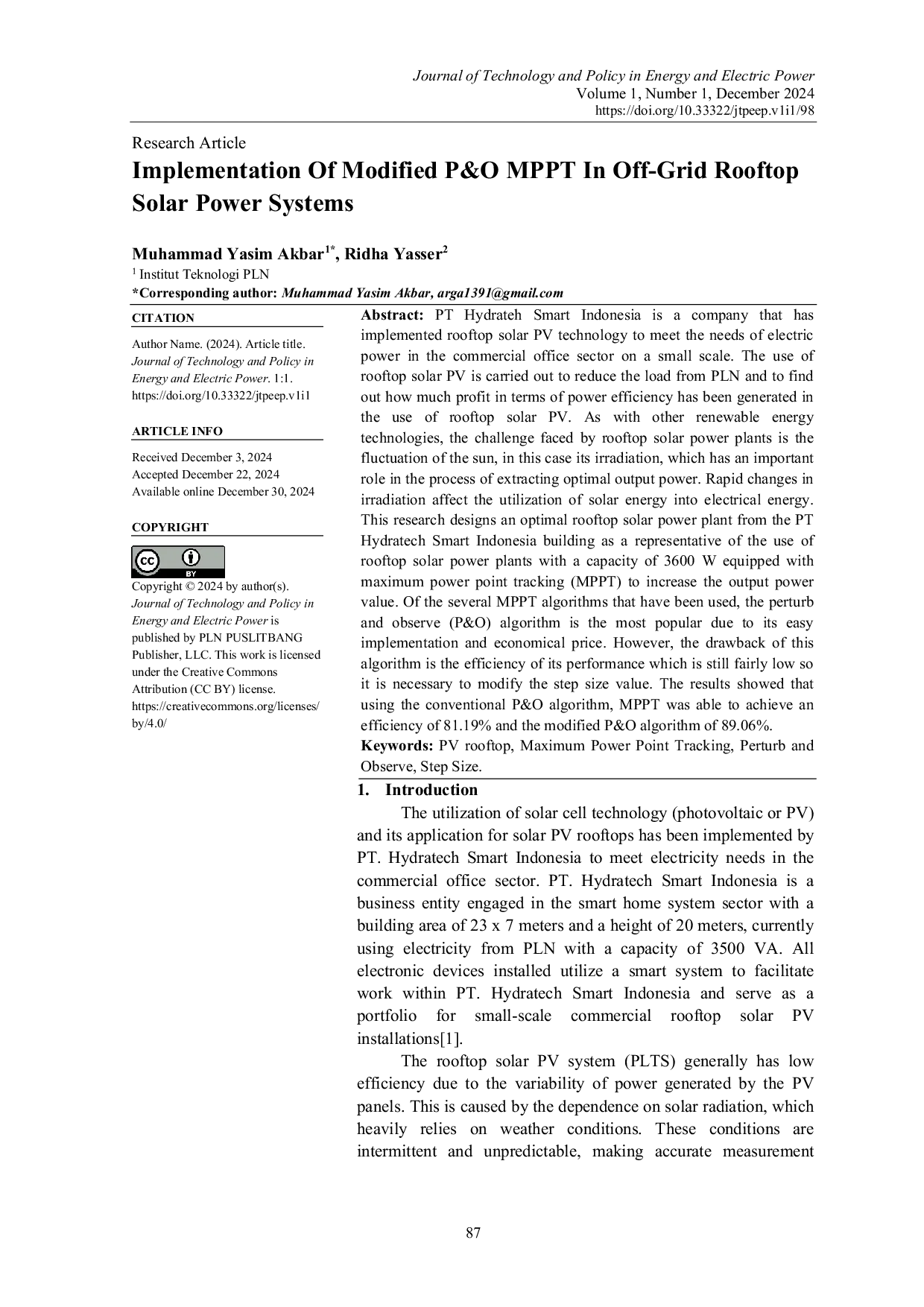 JURIS Implementation of Modified MPPT P O in Off Grid Rooftop Solar Power Systems A Case Study PT Hydratech Smart Indonesia Building