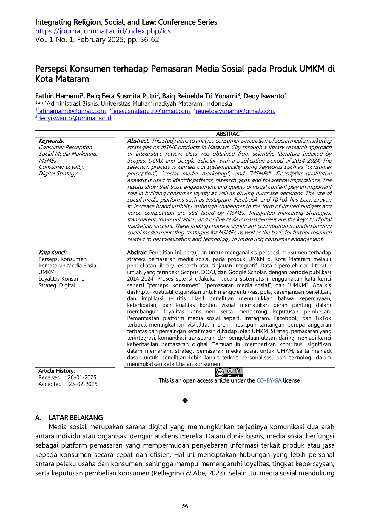 JURIS Persepsi Konsumen terhadap Pemasaran Media Sosial pada Produk UMKM di Kota Mataram