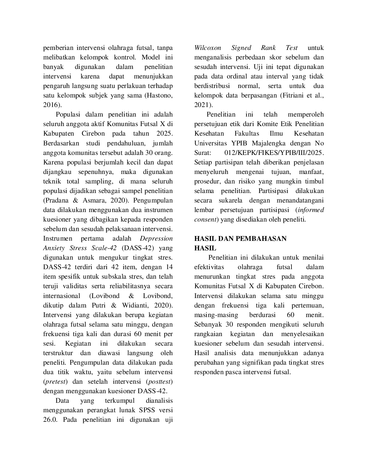 JURIS Efektivitas Olahraga Futsal dalam Menurunkan Tingkat Stres pada Komunitas Futsal X