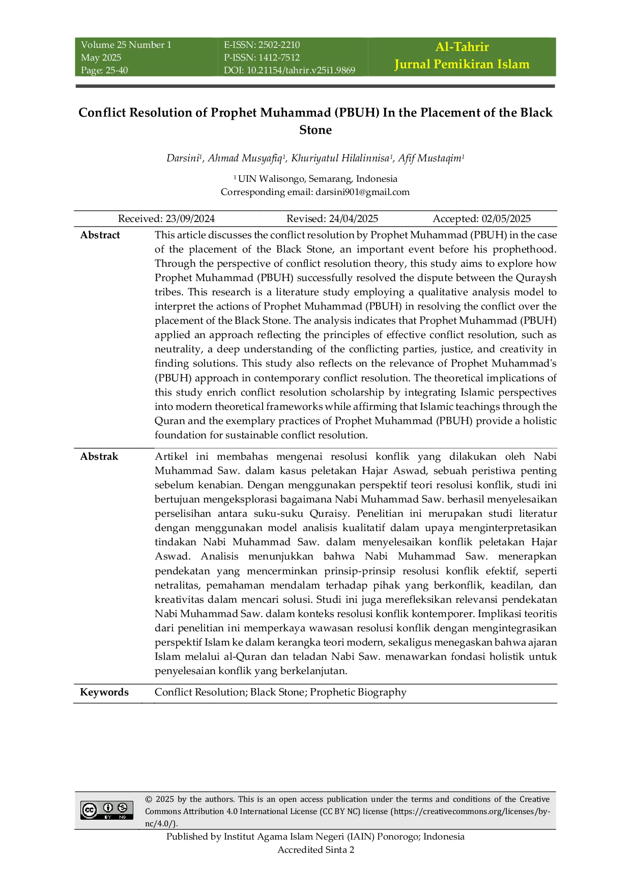 JURIS Conflict Resolution of Prophet Muhammad PBUH In the Placement of the Black Stone