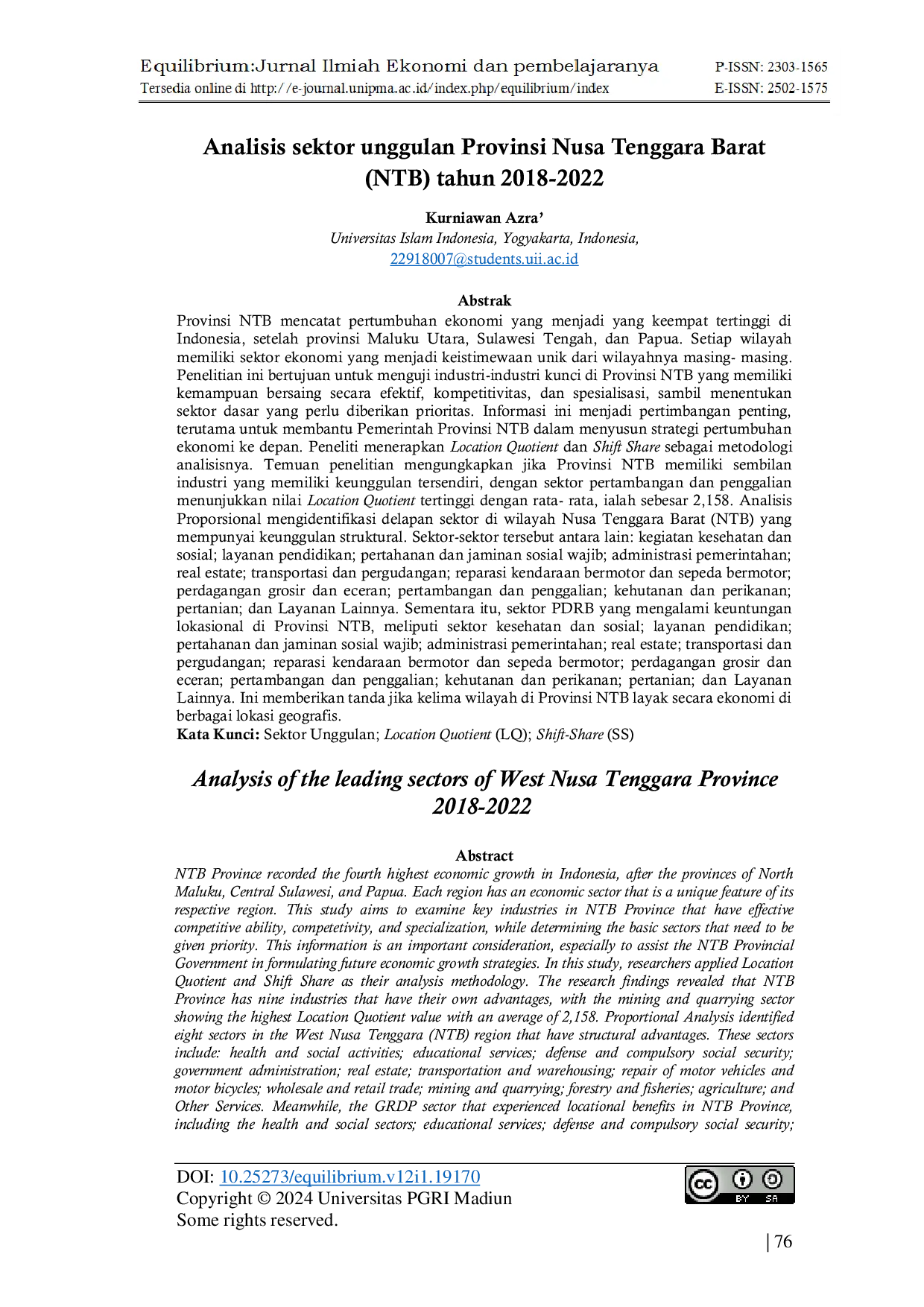 JURIS Analisis sektor unggulan provinsi Nusa Tenggara Barat NTB tahun 2018 2022