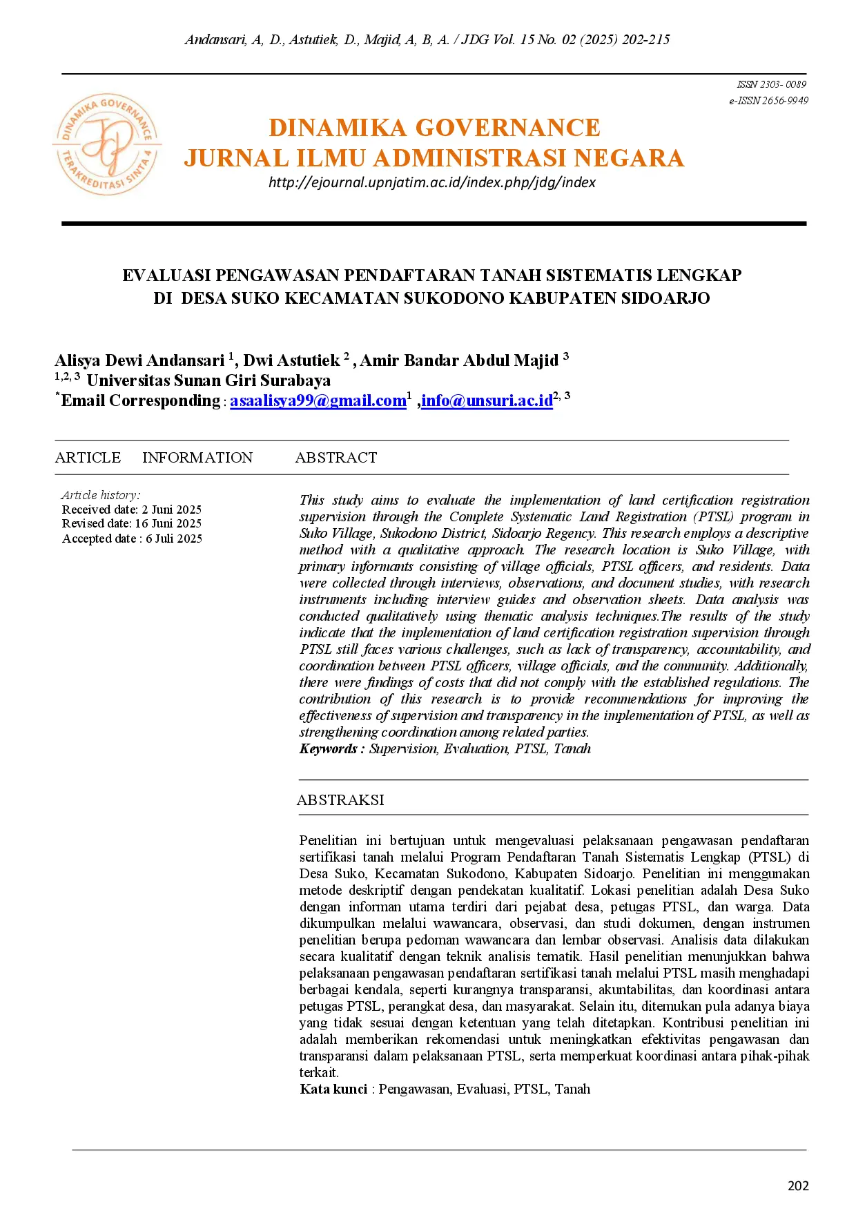 juris Evaluasi Pengawasan Pendaftaran Tanah Sistematis Lengkap Di Desa Suko Kecamatan Sukodono Kabupaten Sidoarjo