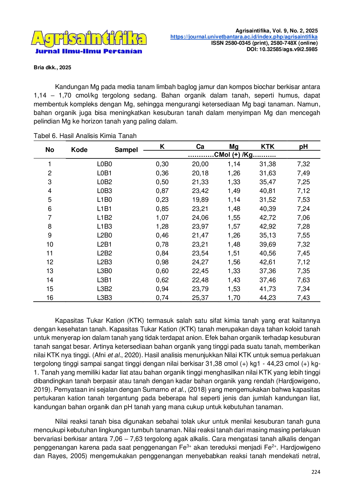 JURIS TEST OF MUSHROOMS BAGLOG WASTE RESIDUE AND BIOCHAR COMPOST ON SOIL CHEMICAL PROPERTIES AND GROWTH OF PAKCOY Brassica rapa L