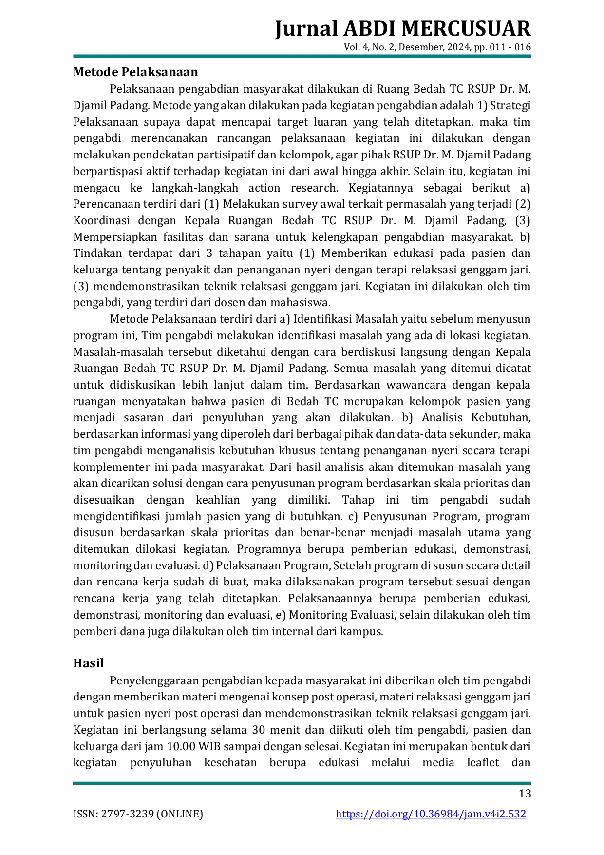 JURIS Relaksasi Genggam Jari untuk Pasien Nyeri Post Op di Ruang Bedah TC RSUP Dr M Djamil Padang