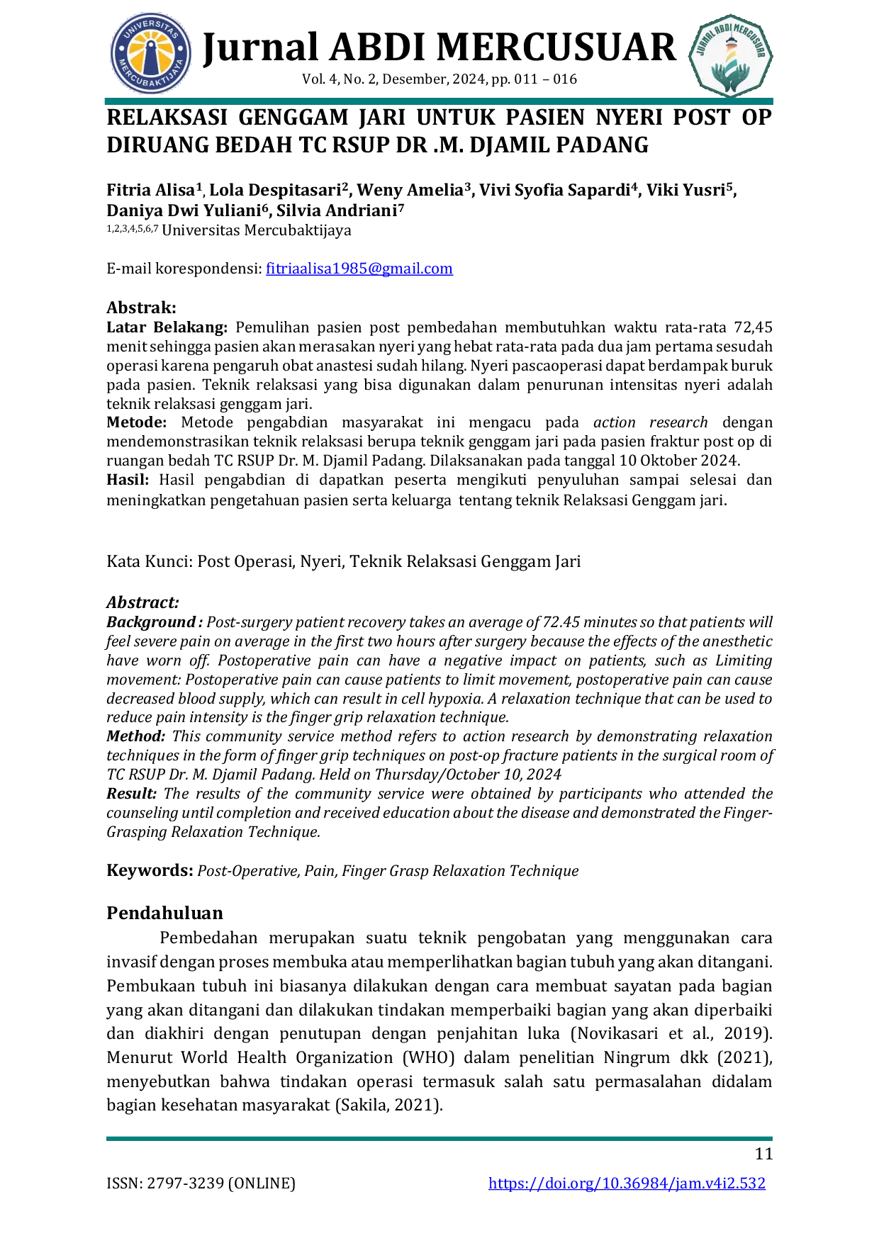 JURIS Relaksasi Genggam Jari untuk Pasien Nyeri Post Op di Ruang Bedah TC RSUP Dr M Djamil Padang
