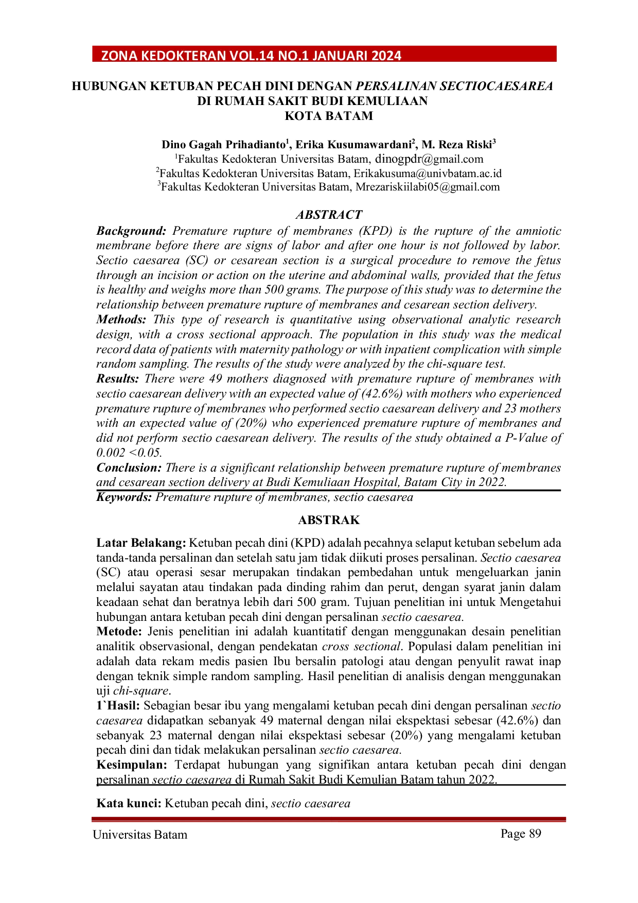 JURIS Hubungan Ketuban Pecah Dini Dengan Persalinan Sectio Caesarea Di Rumah Sakit Budi Kemuliaan Kota Batam