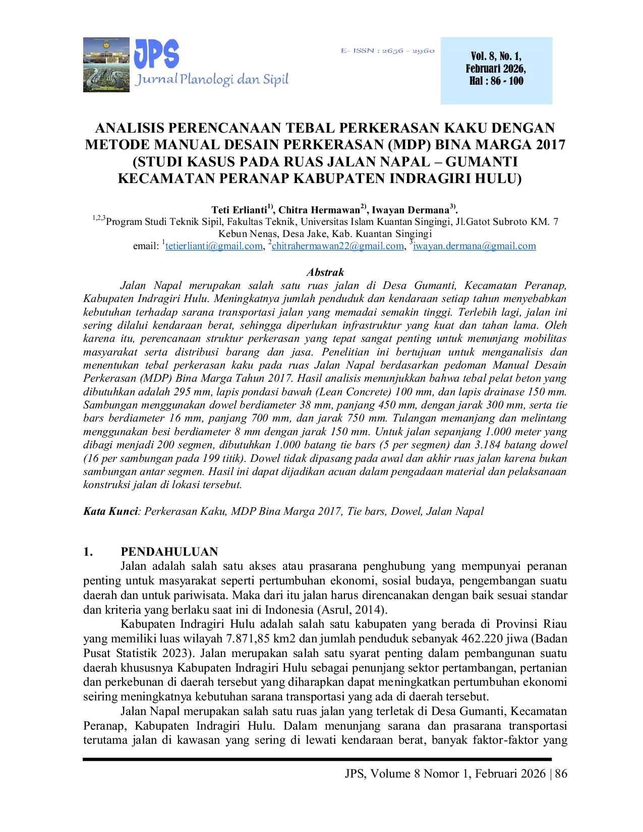 JURIS Analisis Perencanaan Tebal Perkerasan Kaku Dengan Metode Manual Desain Perkerasan MDP Bina Marga 2017 Studi Kasus Pada Ruas Jalan Napal Gumanti Kecamatan Peranap Kabupaten Indragiri Hulu