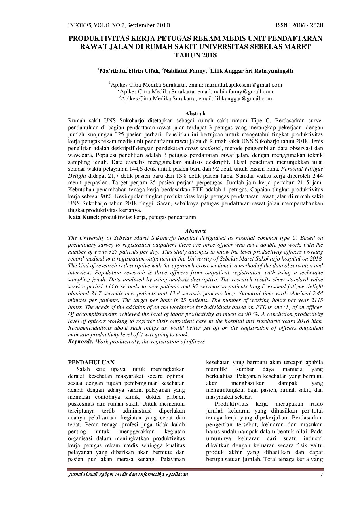 juris Produktivitas Kerja Petugas Rekam Medis Unit Pendaftaran Rawat Jalan Di Rumah Sakit Universitas Sebelas Maret Tahun 2018