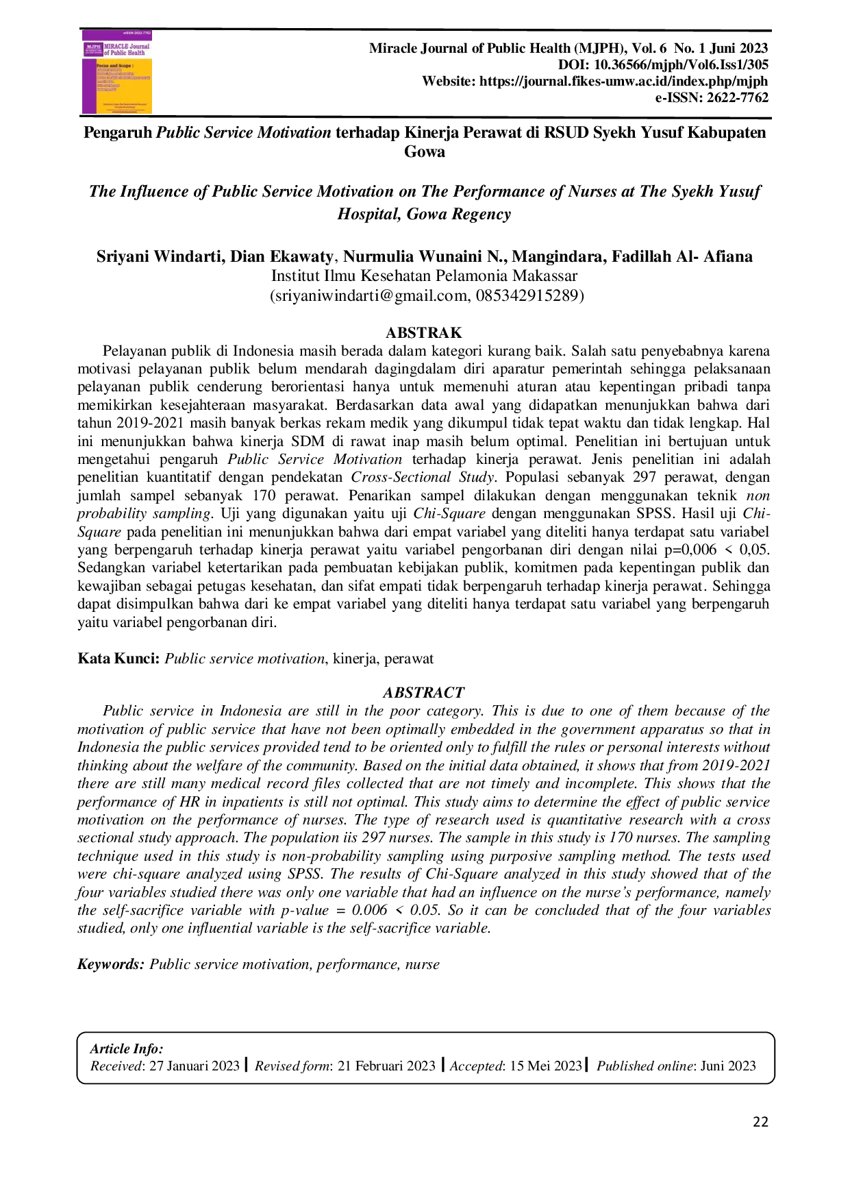 JURIS The Influence of Public Service Motivation on The Performance of Nurses at The Syekh Yusuf Hospital Gowa Regency