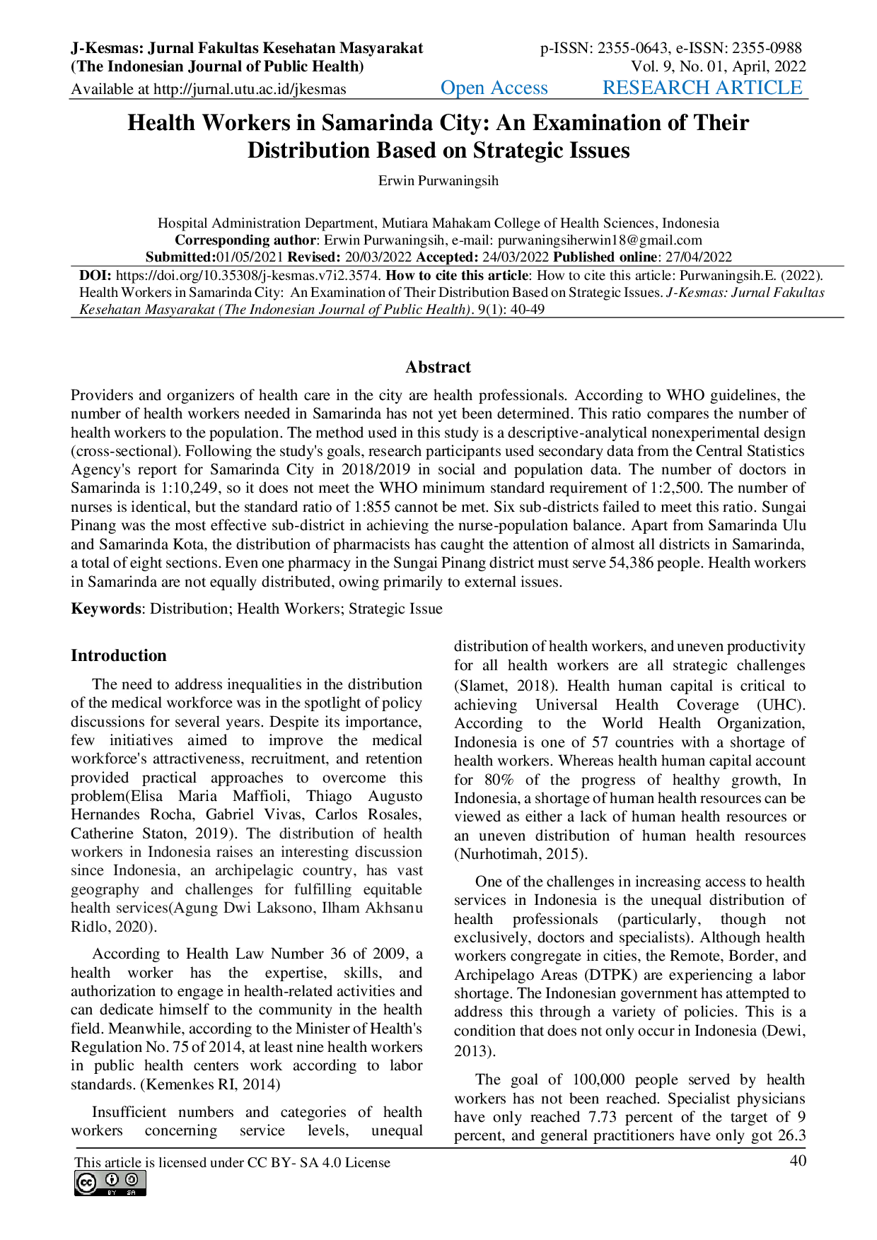 JURIS Health Workers in Samarinda City An Examination of Their Distribution Based on Strategic Issues