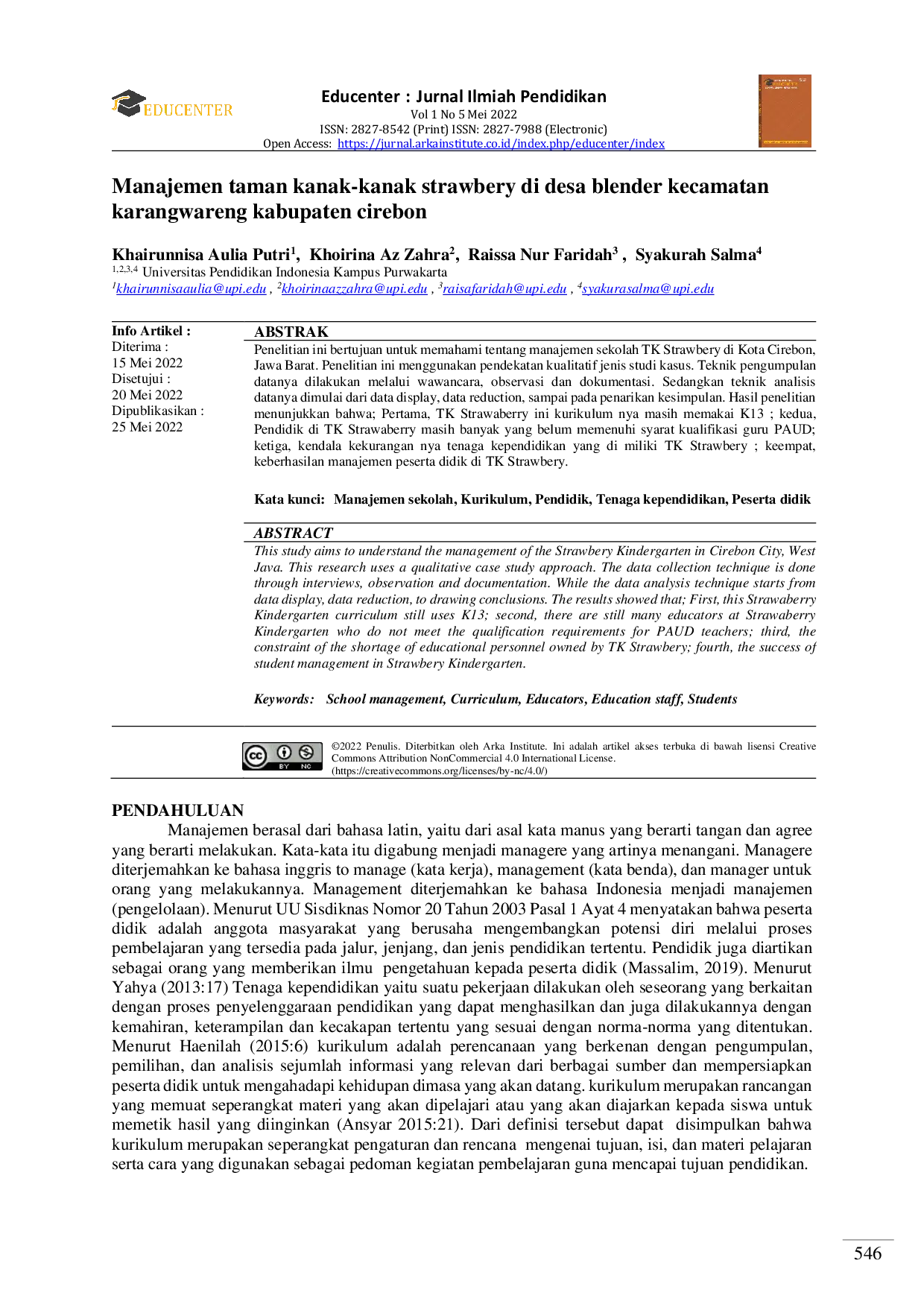 JURIS Manajemen taman kanak kanak strawbery di desa blender kecamatan karangwareng kabupaten cirebon