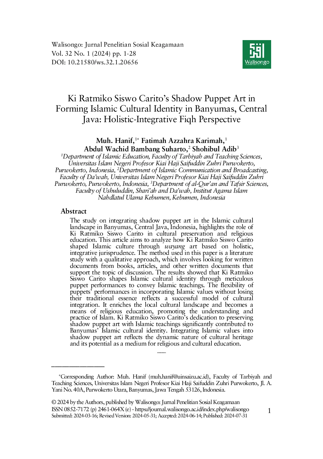 JURIS Ki Ratmiko Siswo Carito s Shadow Puppet Art in Forming Islamic Cultural Identity in Banyumas Central Java Holistic Integrative Fiqh Perspective