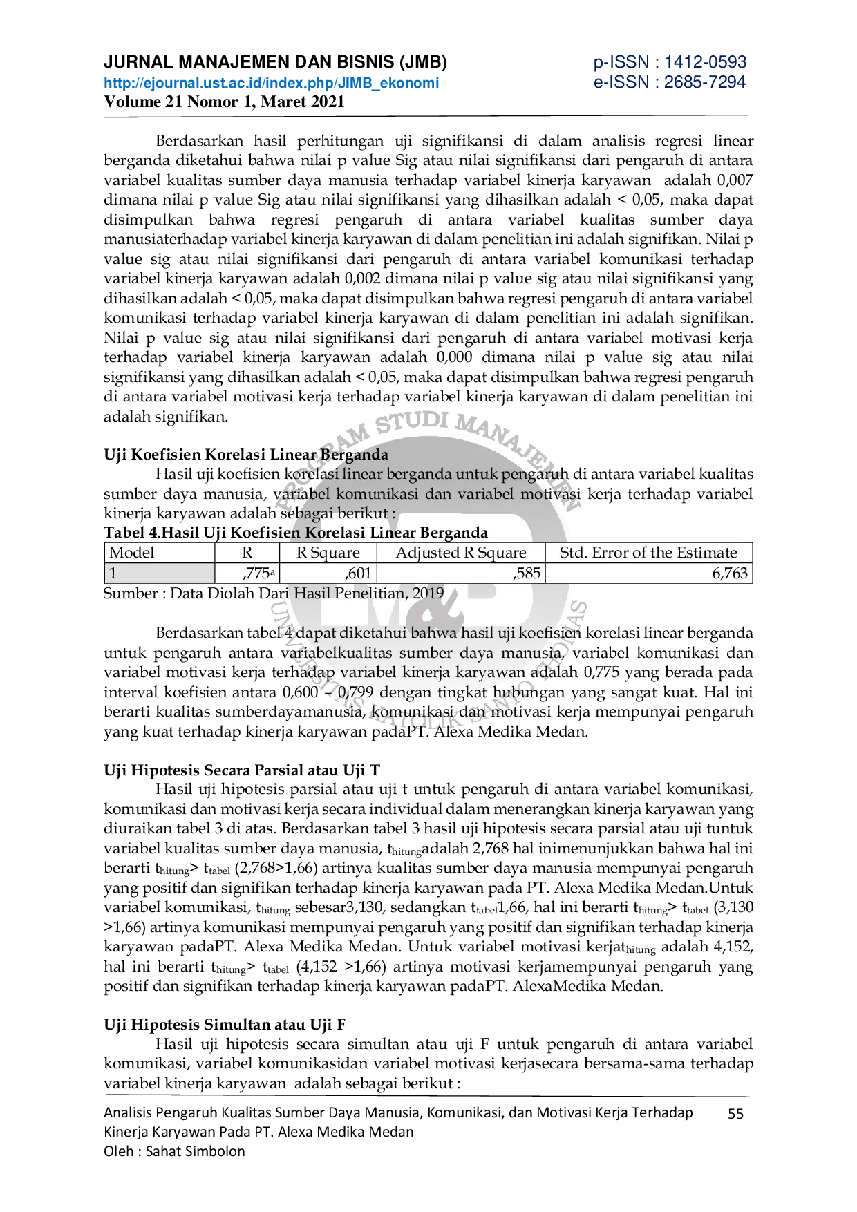 JURIS Analisis Pengaruh Kualitas Sumber Daya Manusia Komunikasi dan Motivasi Kerja Terhadap Kinerja Karyawan Pada PT Alexa Medika Medan