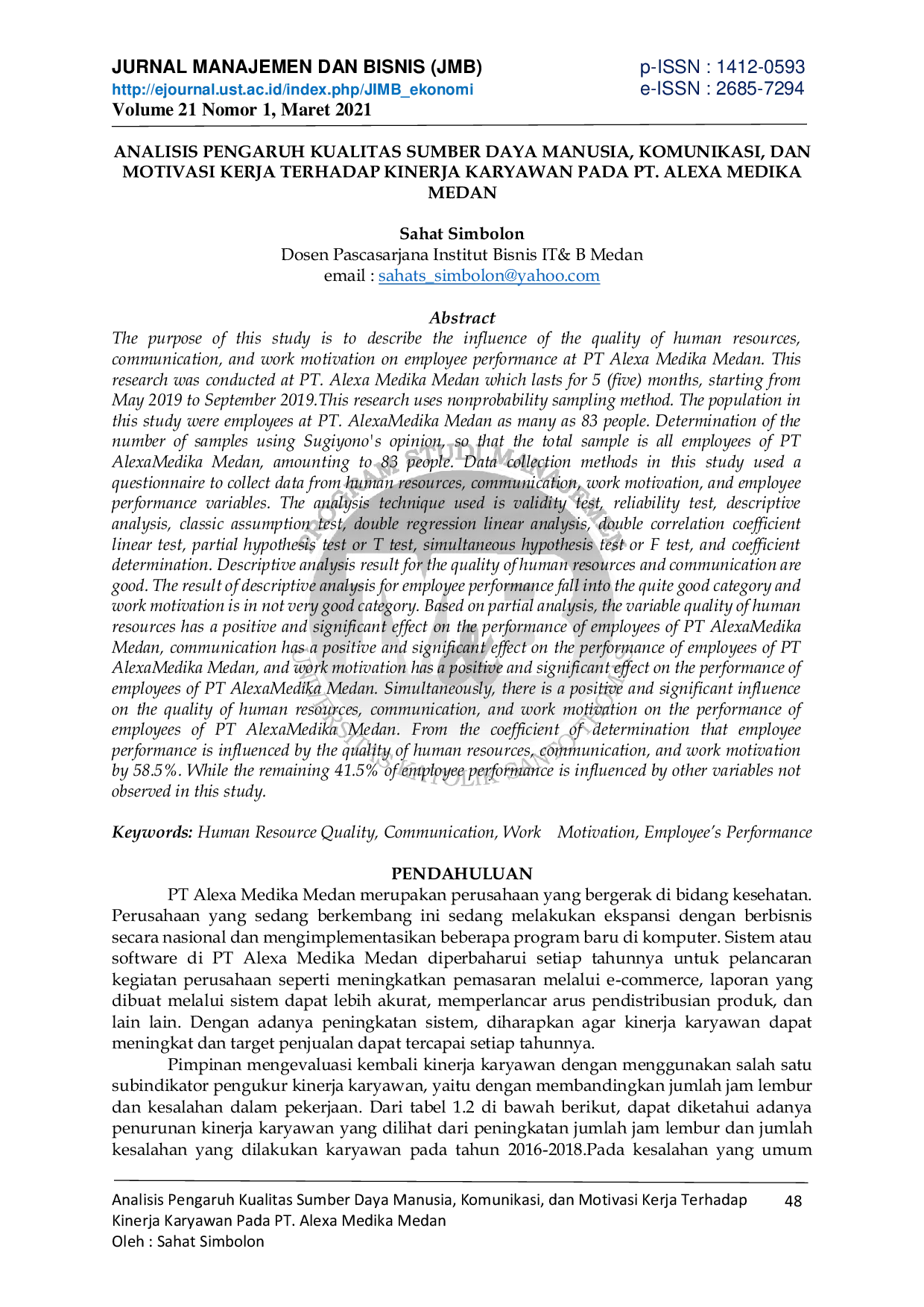 JURIS Analisis Pengaruh Kualitas Sumber Daya Manusia Komunikasi dan Motivasi Kerja Terhadap Kinerja Karyawan Pada PT Alexa Medika Medan