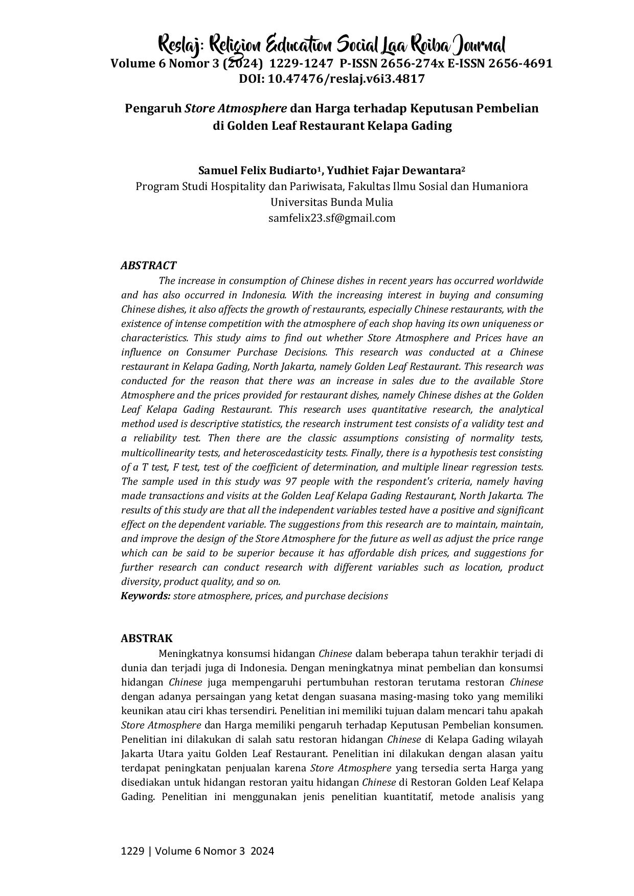 JURIS Pengaruh Store Atmosphere dan Harga terhadap Keputusan Pembelian di Golden Leaf Restaurant Kelapa Gading