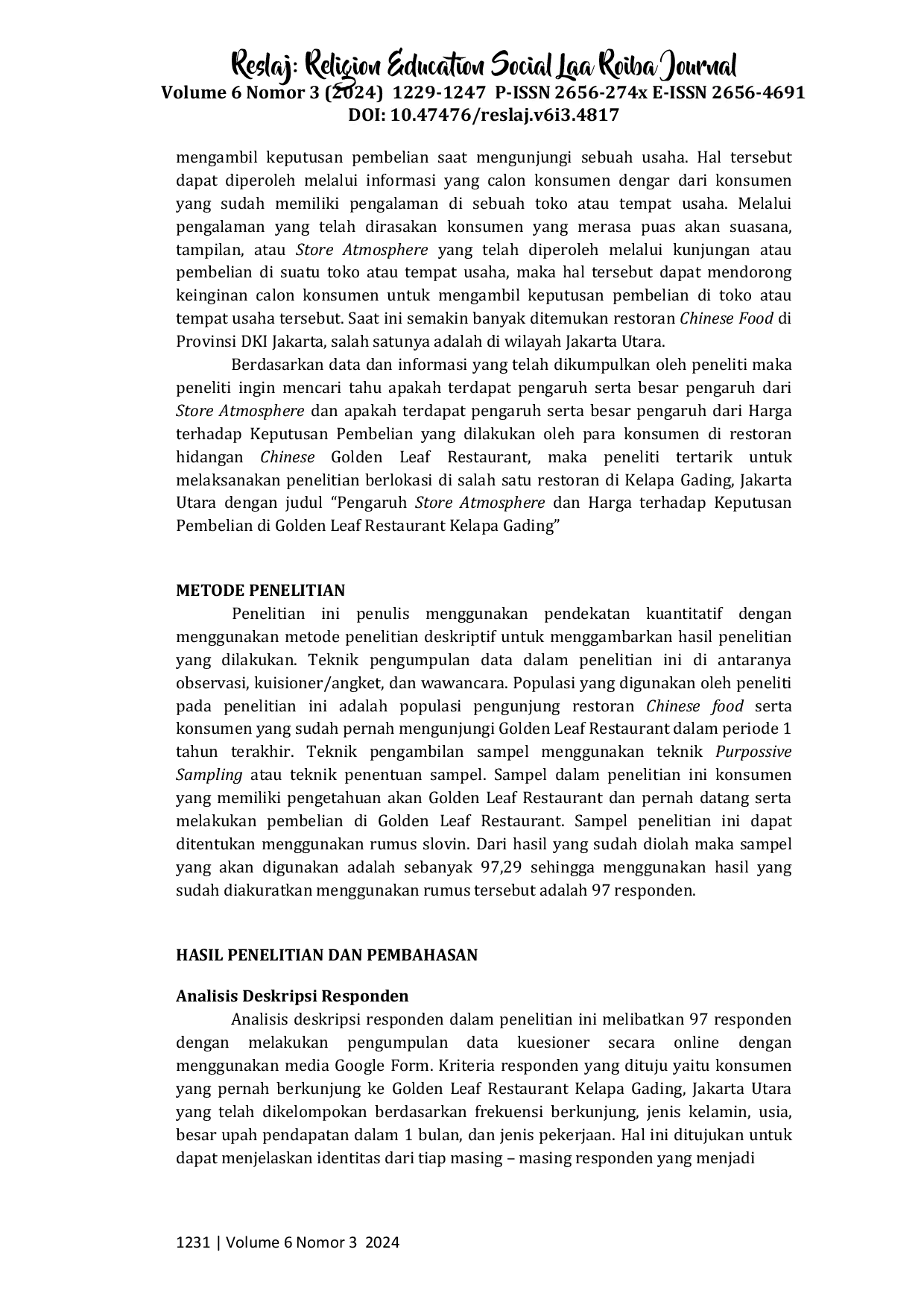 JURIS Pengaruh Store Atmosphere dan Harga terhadap Keputusan Pembelian di Golden Leaf Restaurant Kelapa Gading