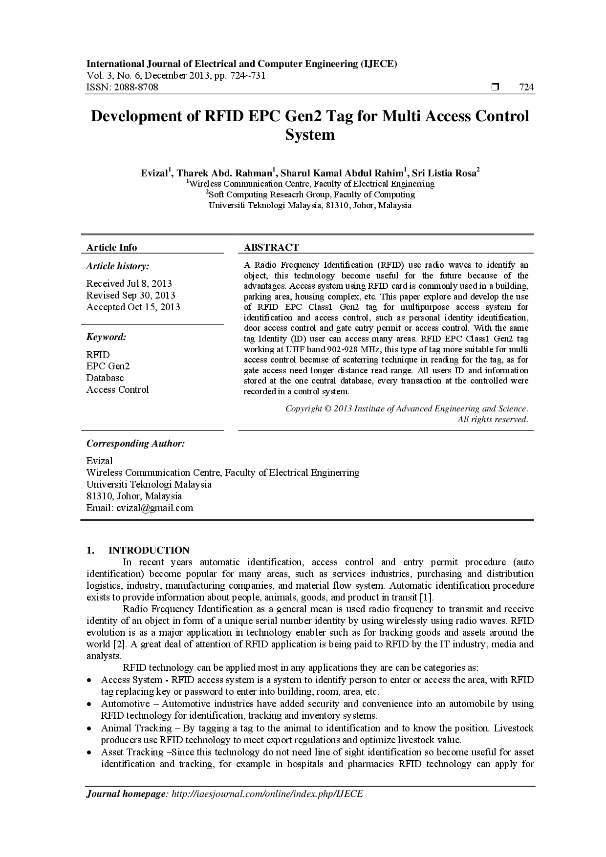 juris Development of RFID EPC Gen2 Tag for Multi Access Control System