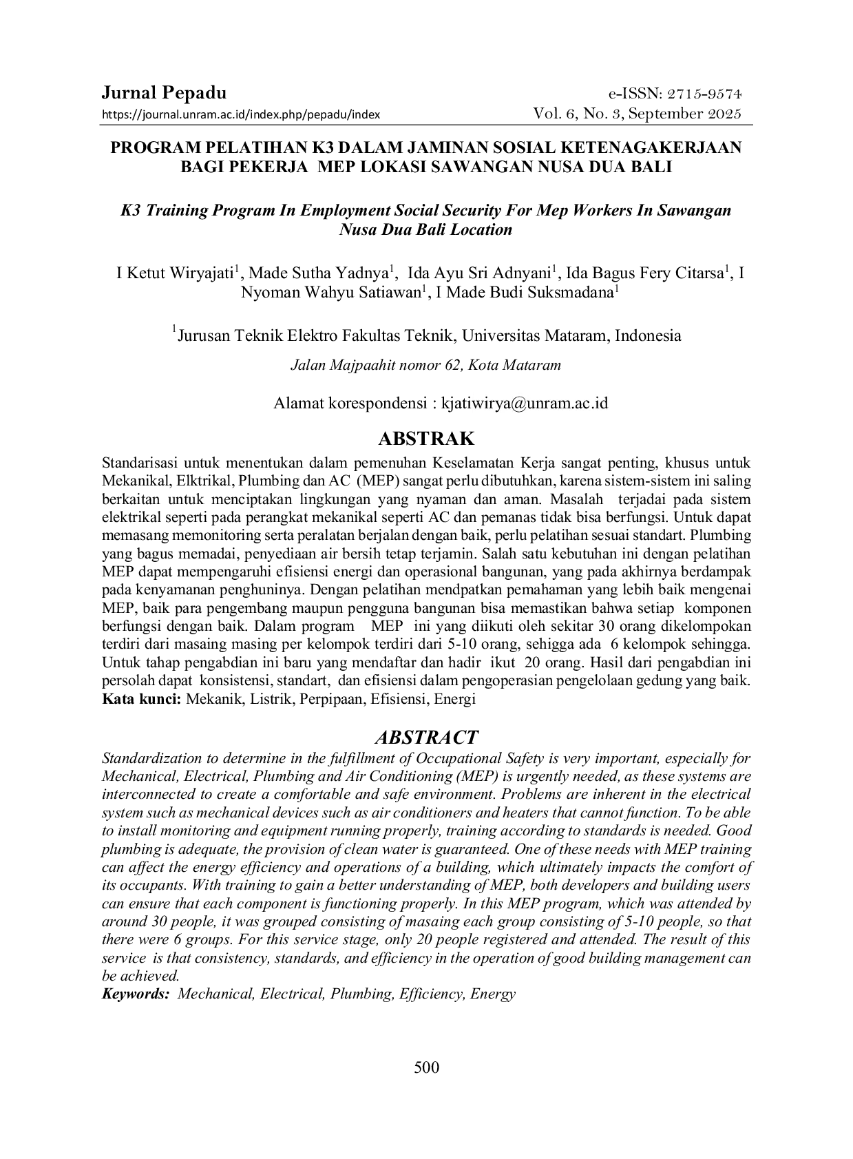 JURIS Program Pelatihan K3 Dalam Jaminan Sosial Ketenagakerjaan Bagi Pekerja MEP Lokasi Sawangan Nusa Dua Bali