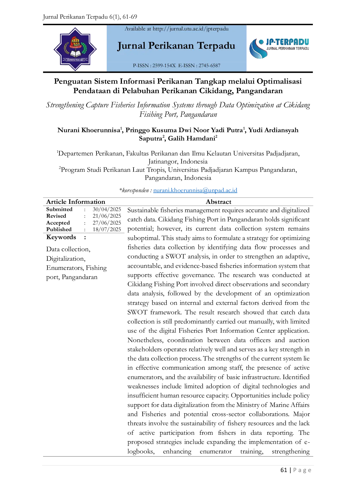 JURIS Strengthening Capture Fisheries Information Systems through Data Optimization at Cikidang Fisihing Port Pangandaran