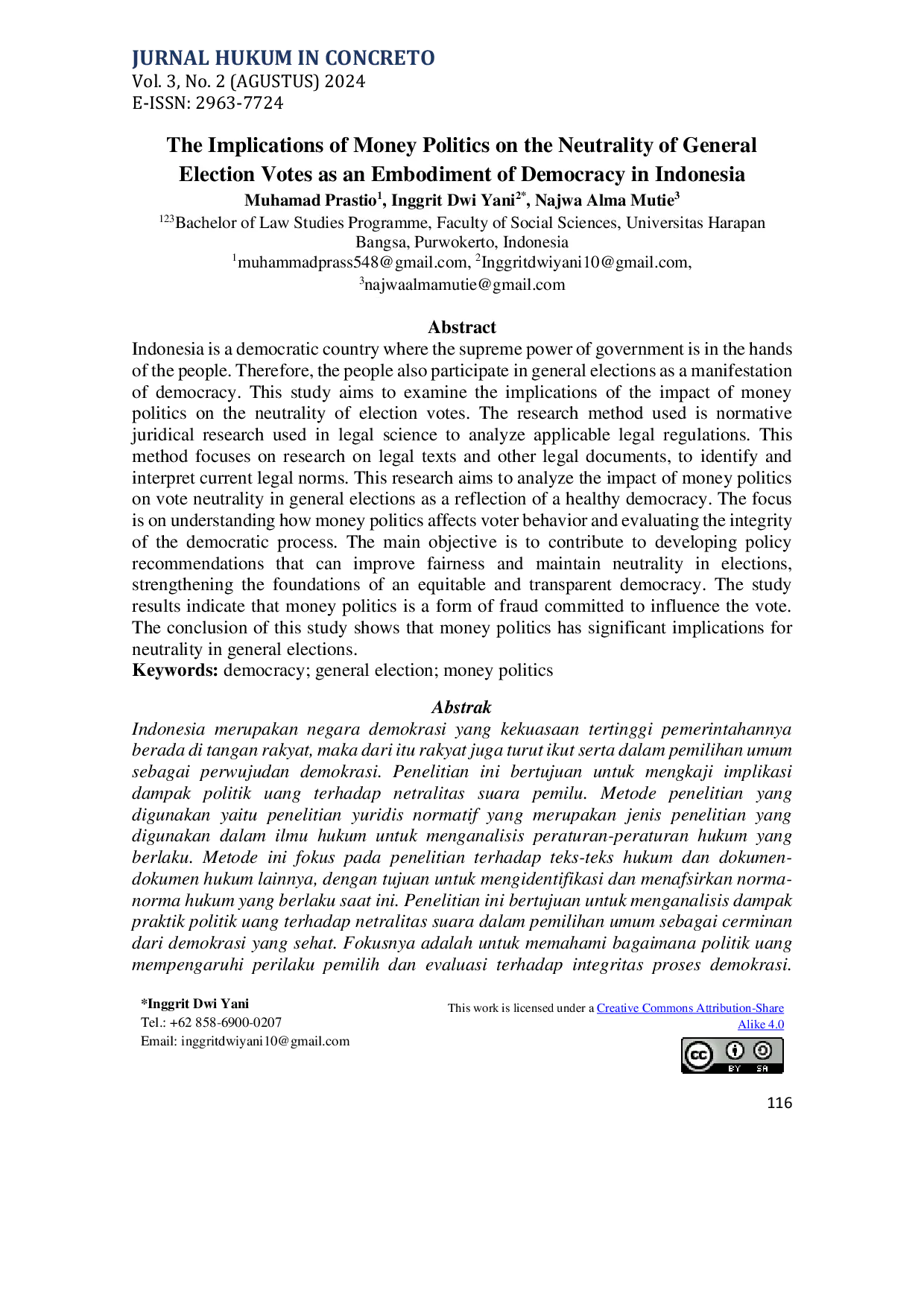 JURIS The Implications of Money Politics on the Neutrality of General Election Votes as an Embodiment of Democracy in Indonesia