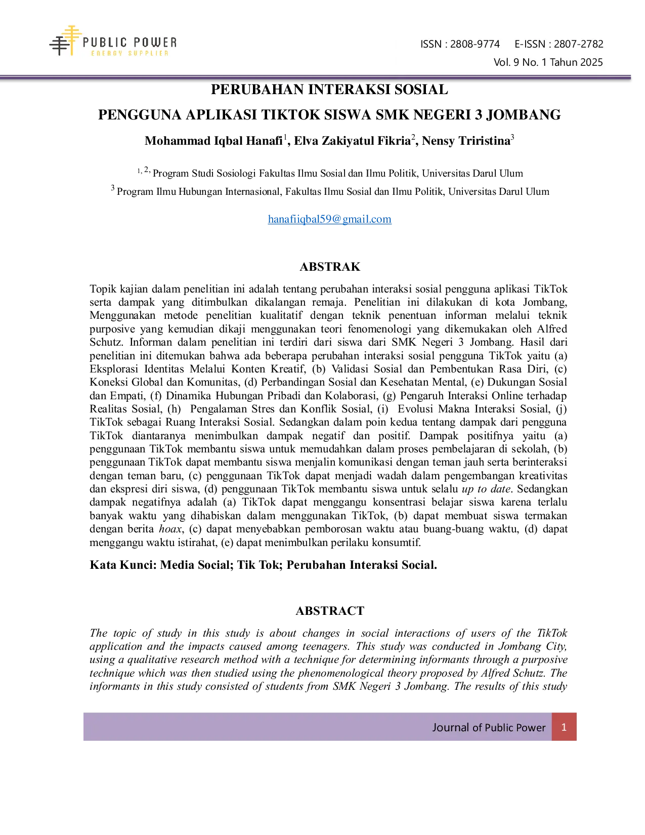 JURIS Perubahan Interaksi Sosial Pengguna Aplikasi Tiktok Siswa SMK Negeri 3 Jombang