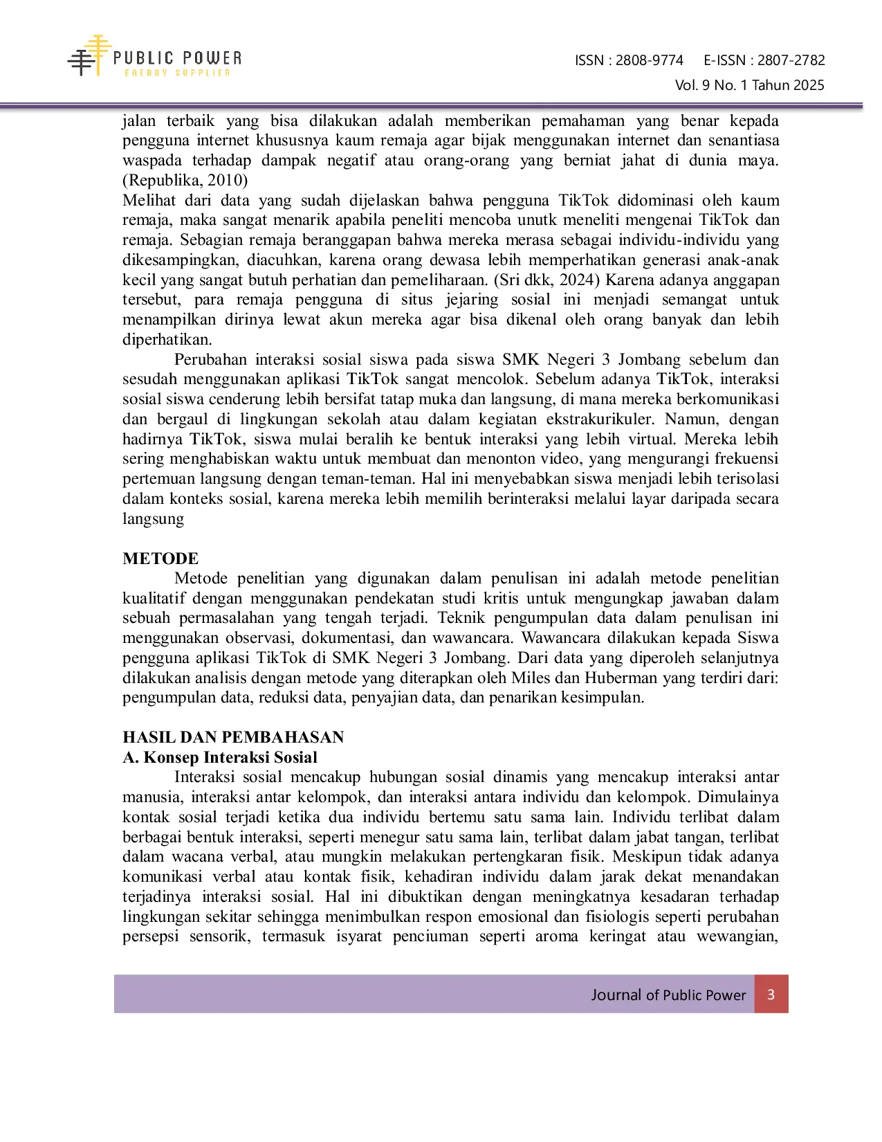 JURIS Perubahan Interaksi Sosial Pengguna Aplikasi Tiktok Siswa SMK Negeri 3 Jombang