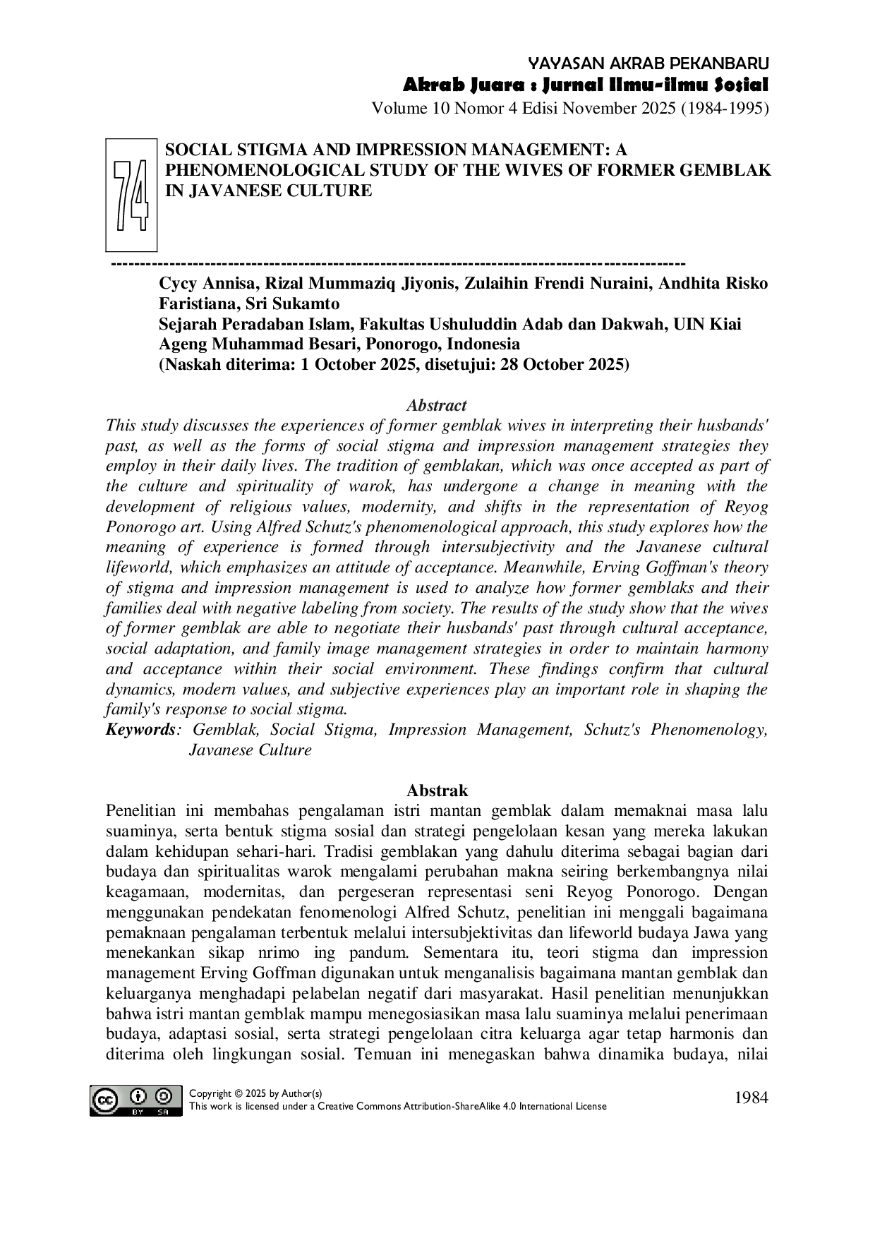 JURIS Social Stigma and Impression Management A Phenomenological Study of the Wives of Former Gemblak in Javanese Culture