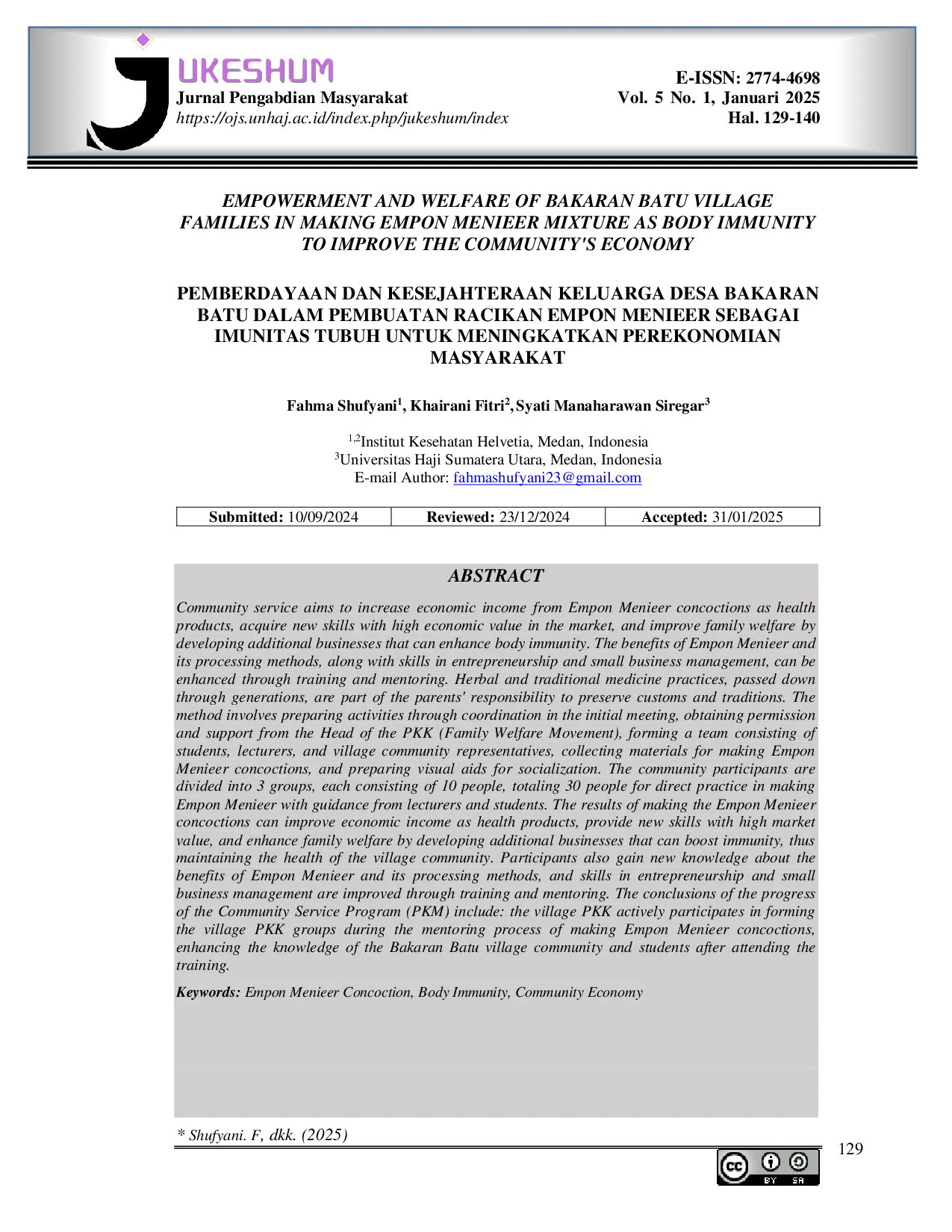 JURIS Empowerment and Welfare of Bakaran Batu Village Families in Making Empon Menieer Mixture as Body Immunity to Improve the Community s Economy Pemberdayaan dan Kesejahteraan Keluarga Desa Bakaran Batu
