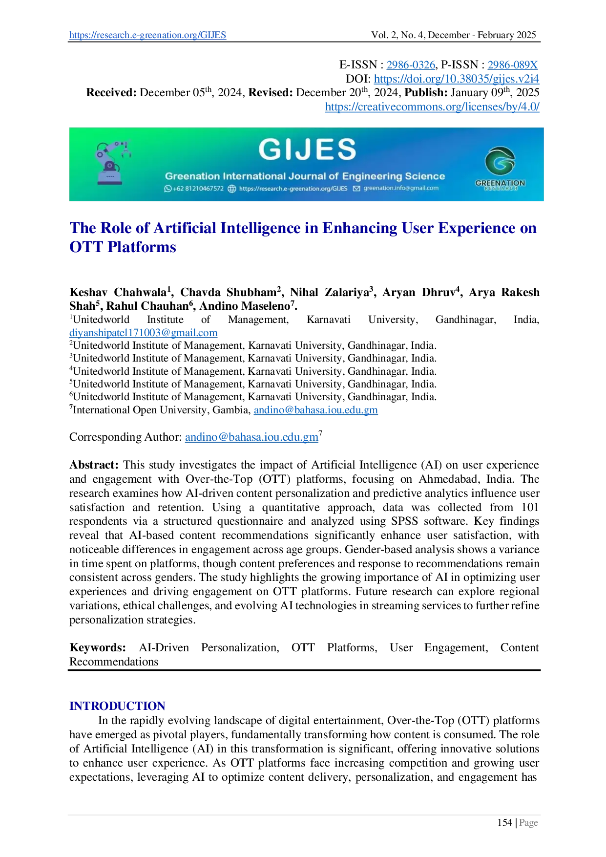 JURIS The Role of Artificial Intelligence in Enhancing User Experience on OTT Platforms