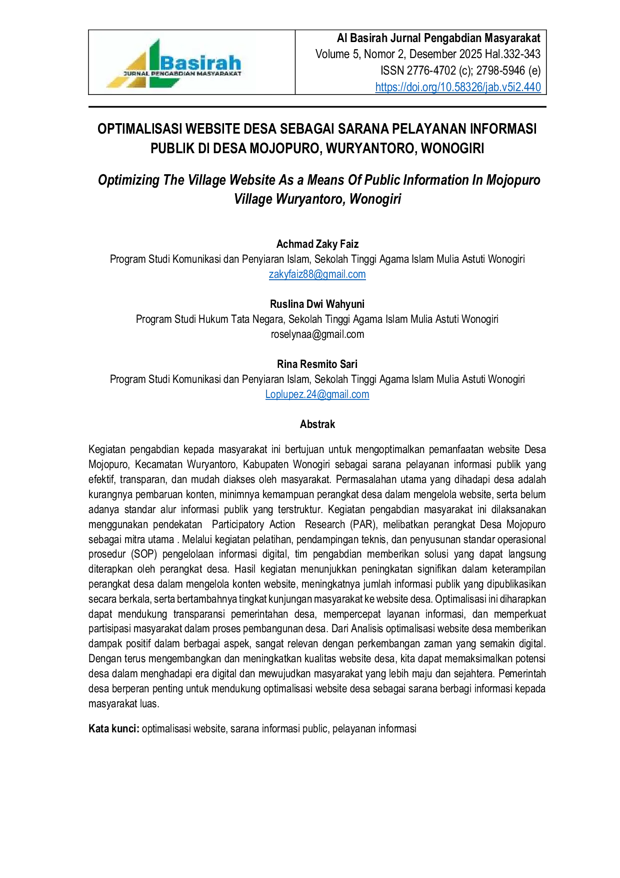 JURIS Optimalisasi Website Desa Sebagai Sarana Pelayanan Informasi Publik di Desa Mojopuro Wuryantoro Wonogiri