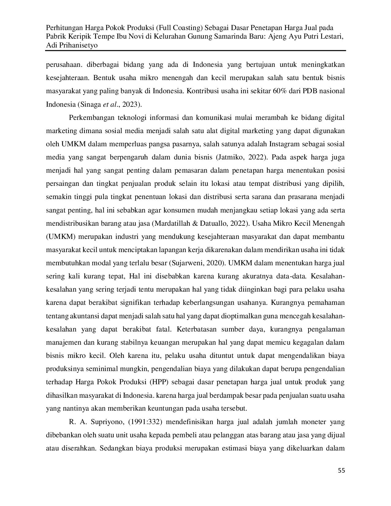 JURIS Perhitungan Harga Pokok Produksi Full Costing Sebagai Dasar Penetapan Harga Jual pada Pabrik Keripik Tempe Ibu Novi di Kelurahan Gunung Samarinda Baru