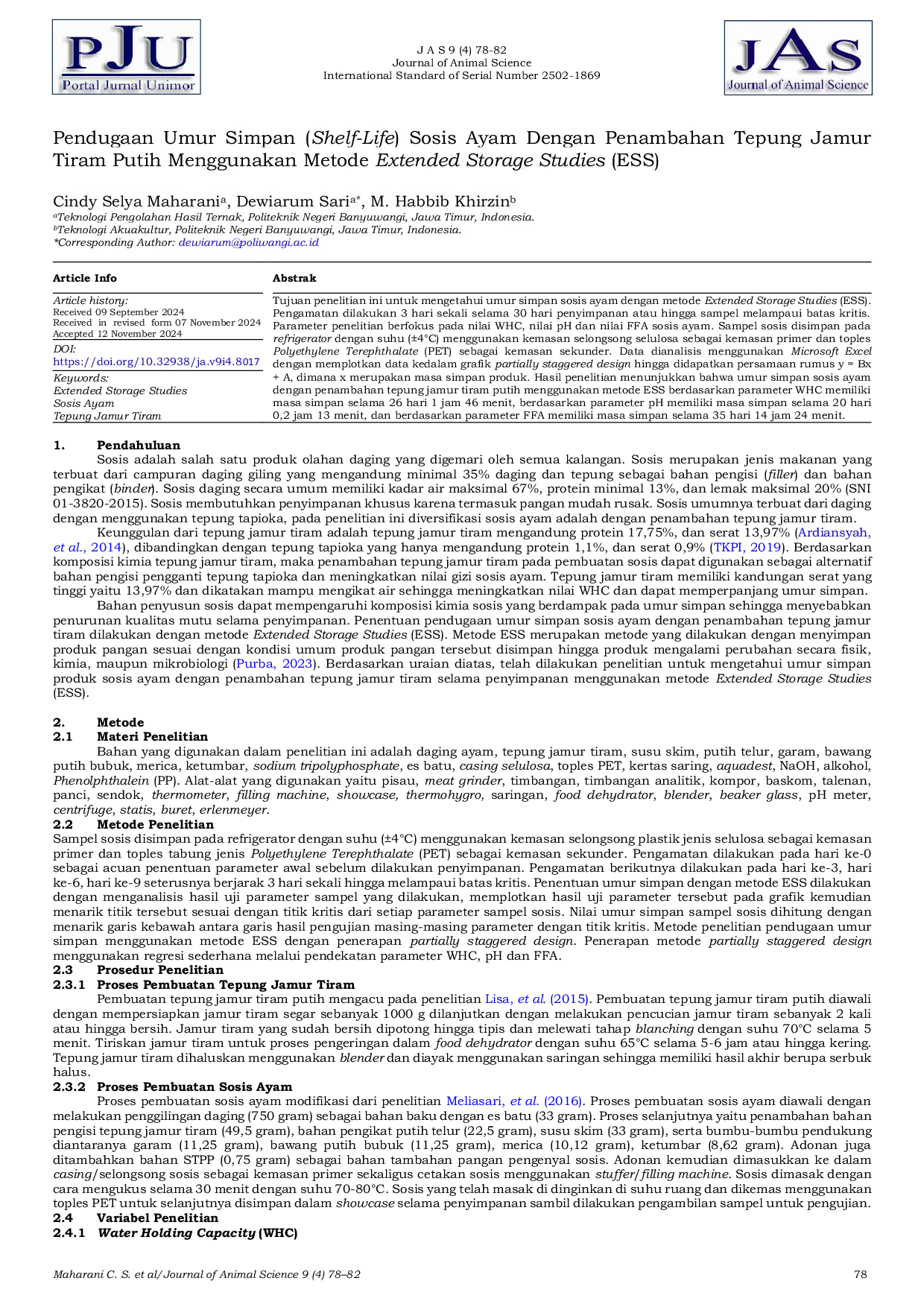 JURIS Pendugaan Umur Simpan Shelf Life Sosis Ayam Dengan Penambahan Tepung Jamur Tiram Putih Menggunakan Metode Extended Storage Studies ESS