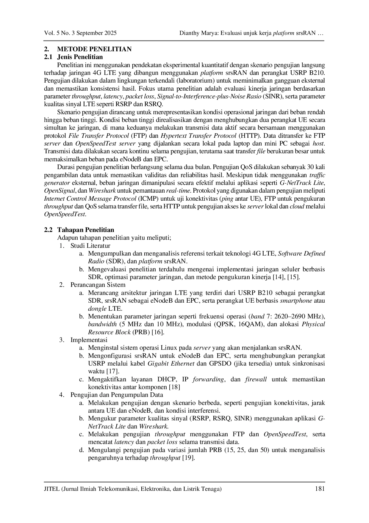 JURIS Evaluasi unjuk kerja platform srsRAN untuk teknologi 4G LTE berbasis software defined radio