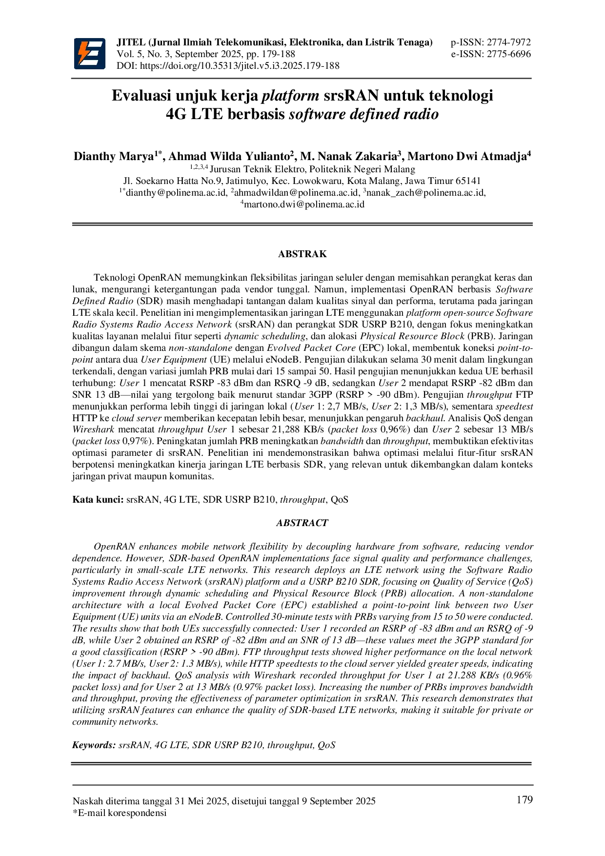 JURIS Evaluasi unjuk kerja platform srsRAN untuk teknologi 4G LTE berbasis software defined radio