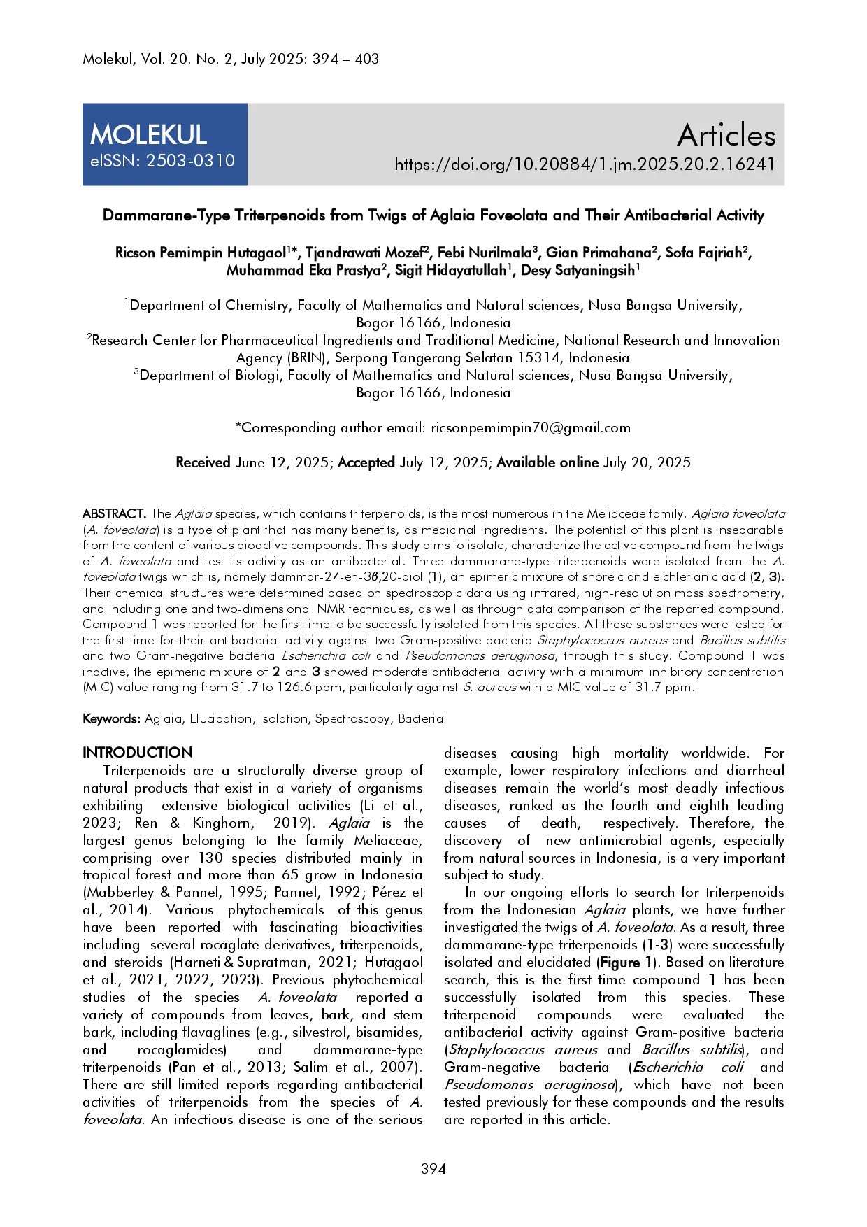 juris Dammarane Type Triterpenoids from Twigs of Aglaia Foveolata and Their Antibacterial Activity