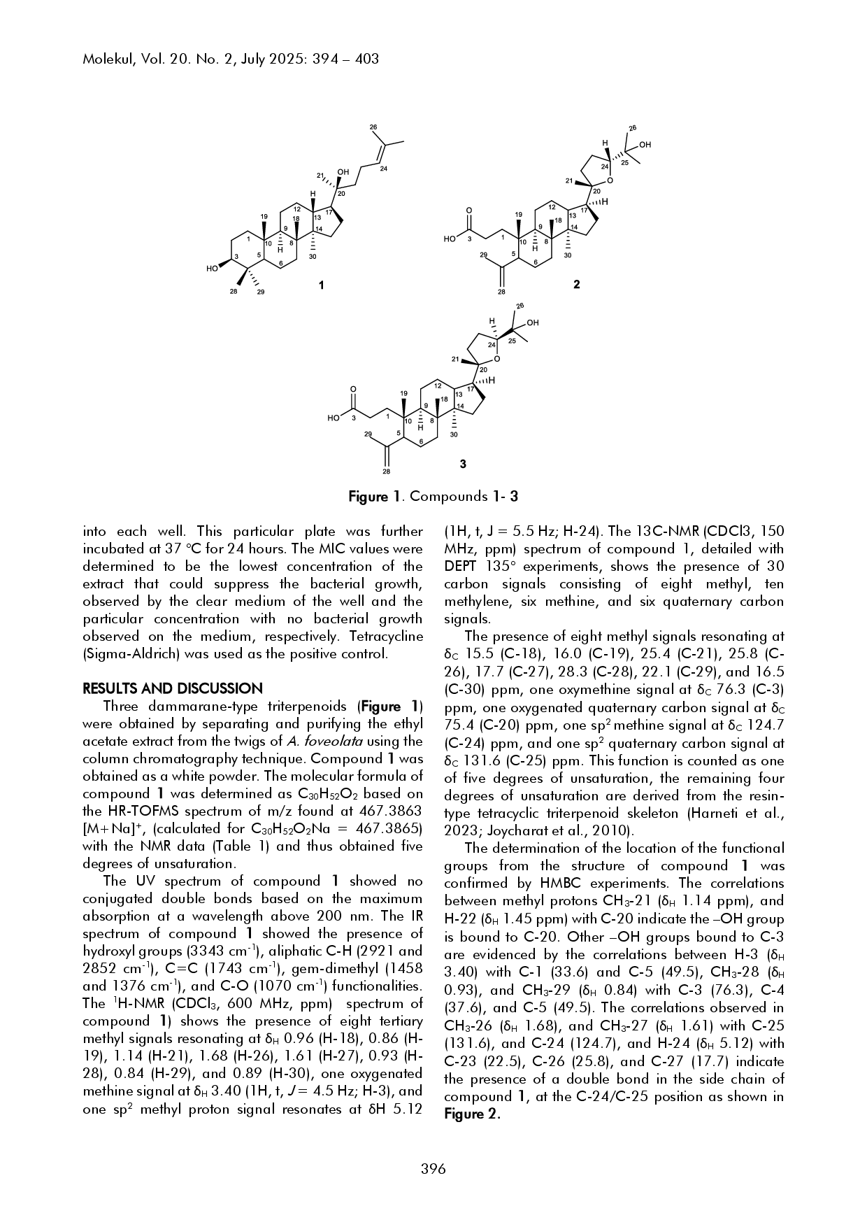 juris Dammarane Type Triterpenoids from Twigs of Aglaia Foveolata and Their Antibacterial Activity