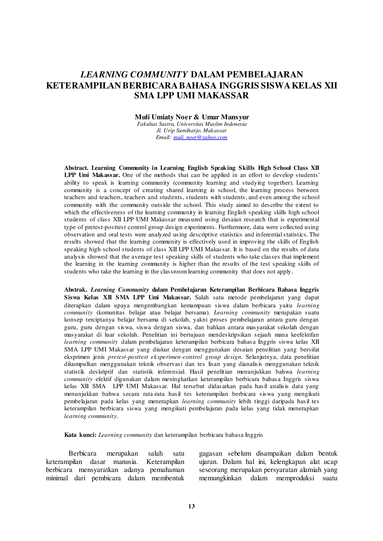 JURIS Learning Community Dalam Pembelajaran Keterampilan Berbicara Bahasa Inggris Siswa Kelas XII SMA LPP Umi Makassar