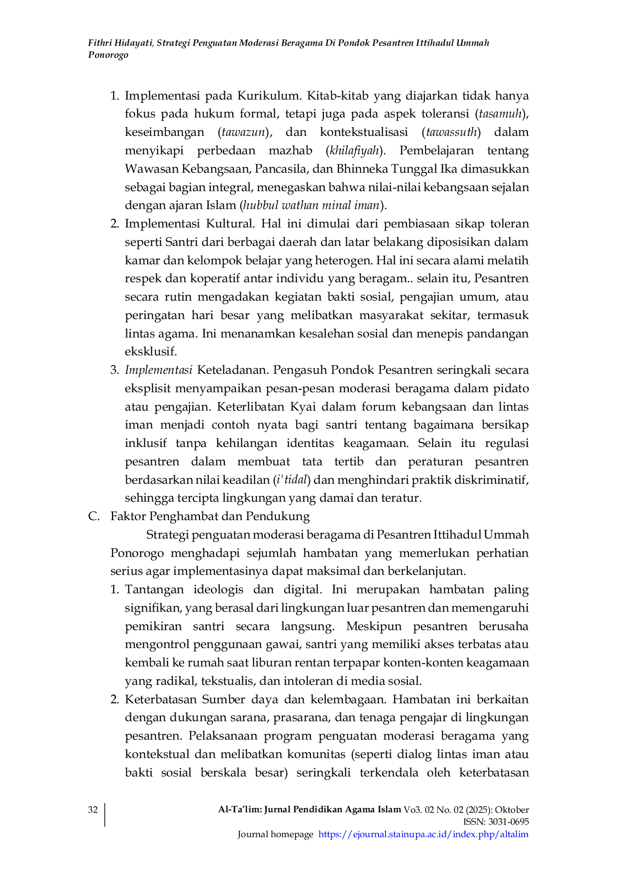 JURIS Strategi Penguatan Moderasi Beragama Di Pondok Pesantren Ittihadul Ummah Ponorogo