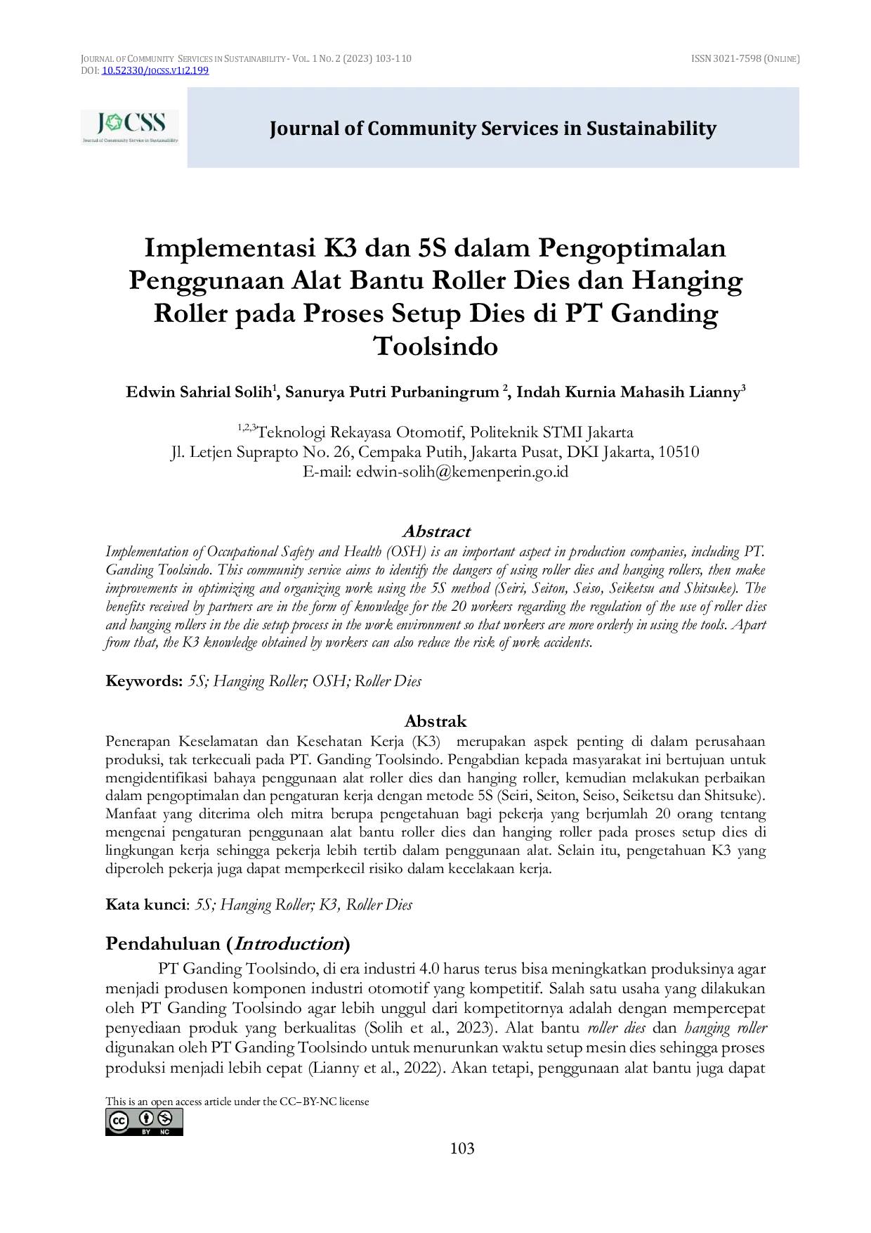 JURIS Implementasi K3 dan 5S dalam Pengoptimalan Penggunaan Alat Bantu Roller Dies dan Hanging Roller pada Proses Setup Dies di PT Ganding Toolsindo