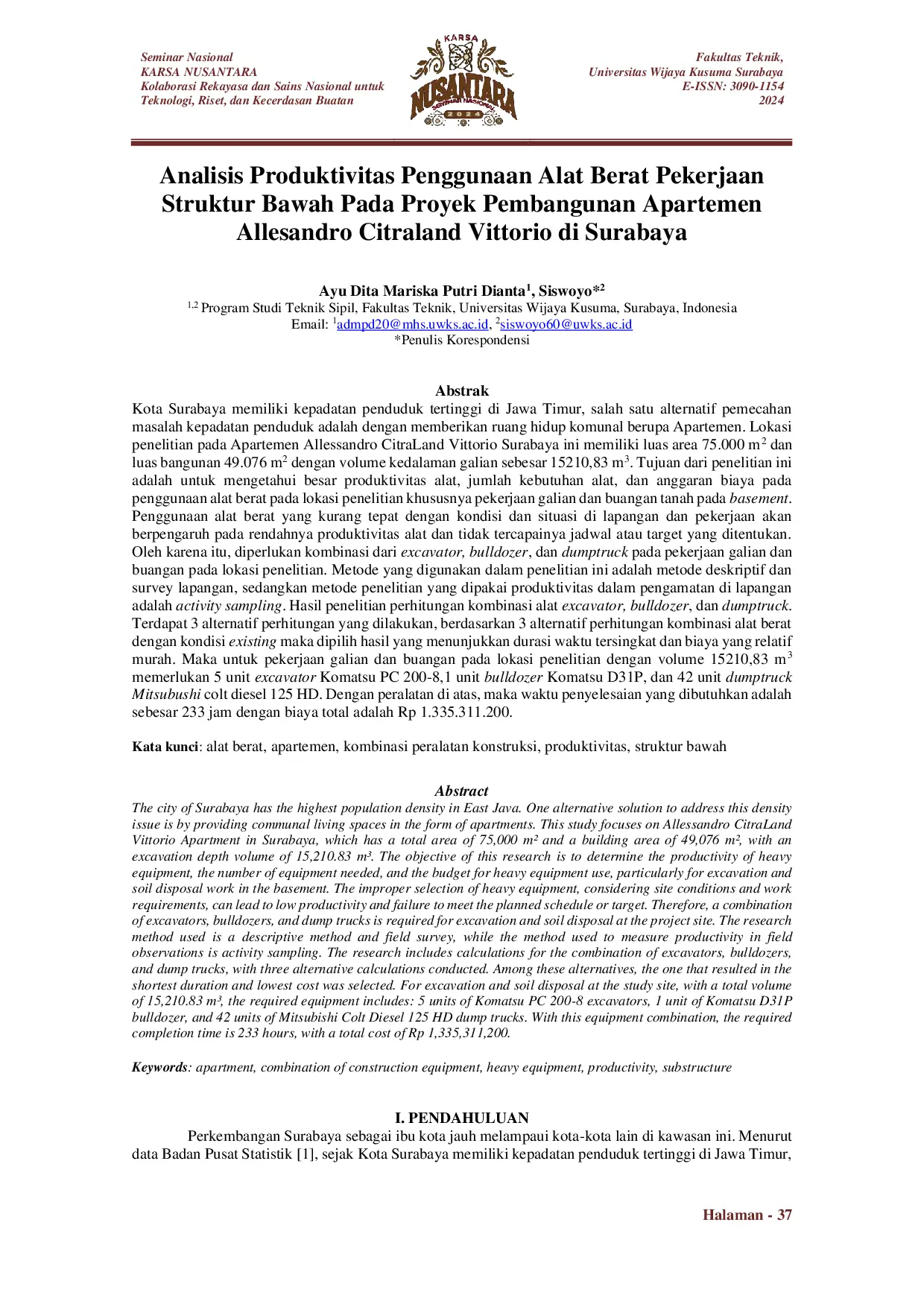 JURIS Analisis Produktivitas Penggunaan Alat Berat Pekerjaan Struktur Bawah Pada Proyek Pembangunan Apartemen Allesandro Citraland Vittorio di Surabaya